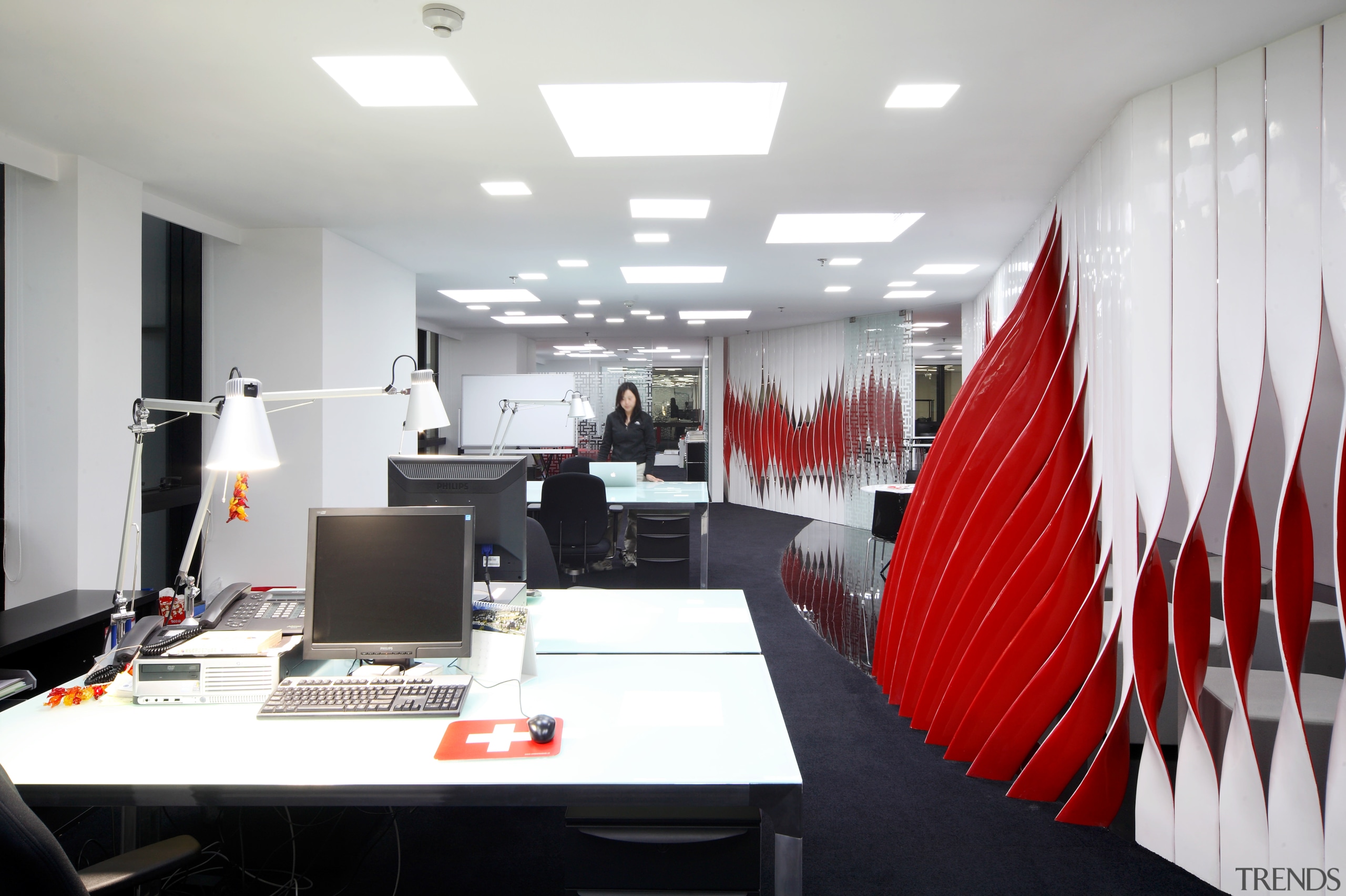 The Swissnex Shanghai office eatures twisted resin strips, conference hall, interior design, office, white
