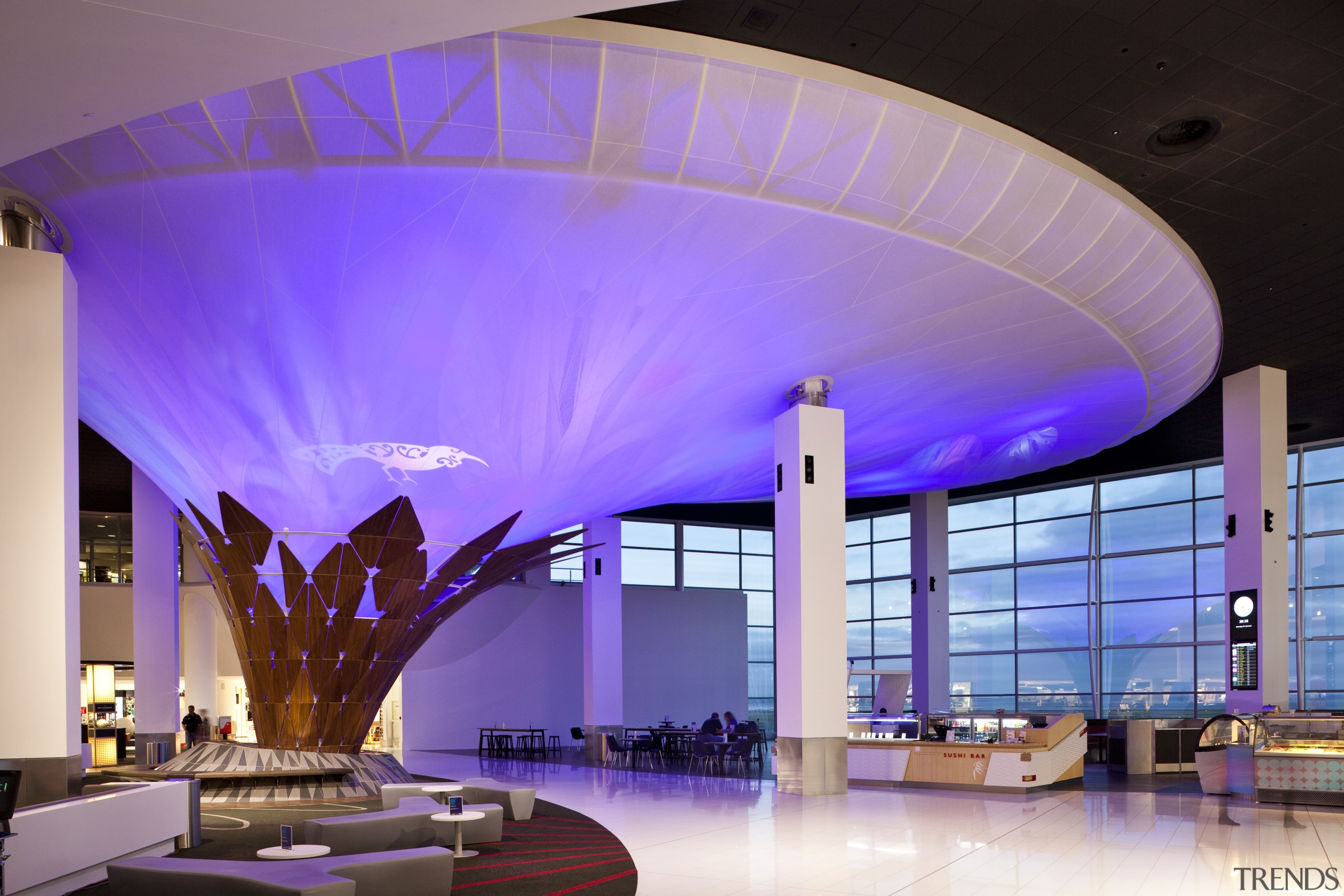 View of Auckland International Airport centrepiece, resembling the architecture, ceiling, daylighting, function hall, hotel, interior design, lighting, lobby, purple, purple