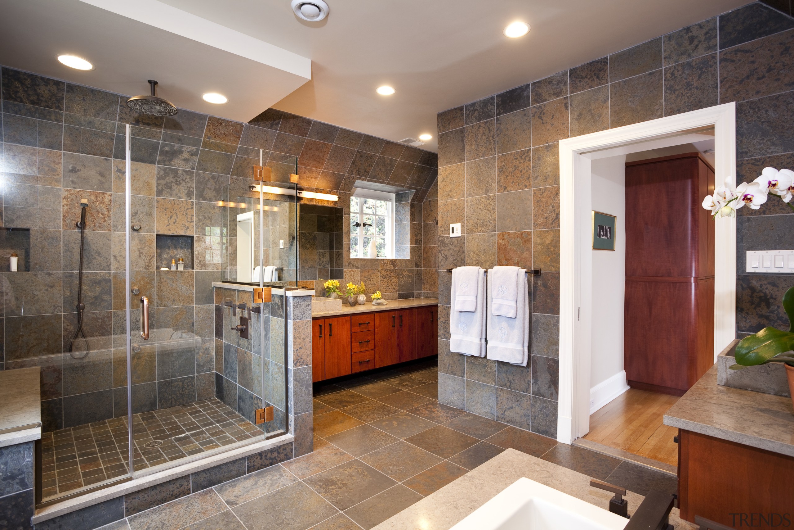 View of bathroom with grey floor and wall bathroom, estate, home, interior design, real estate, room, gray, brown