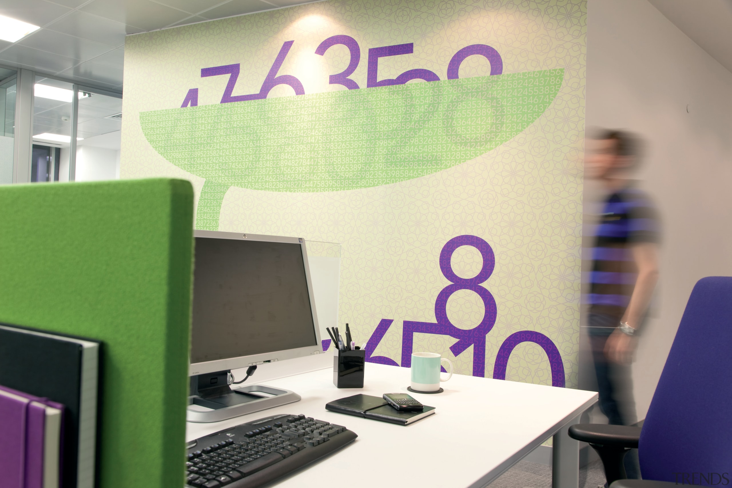 The new Zain headquarters in Bahrain reflects the furniture, job, office, personal computer, product design, purple, technology, white