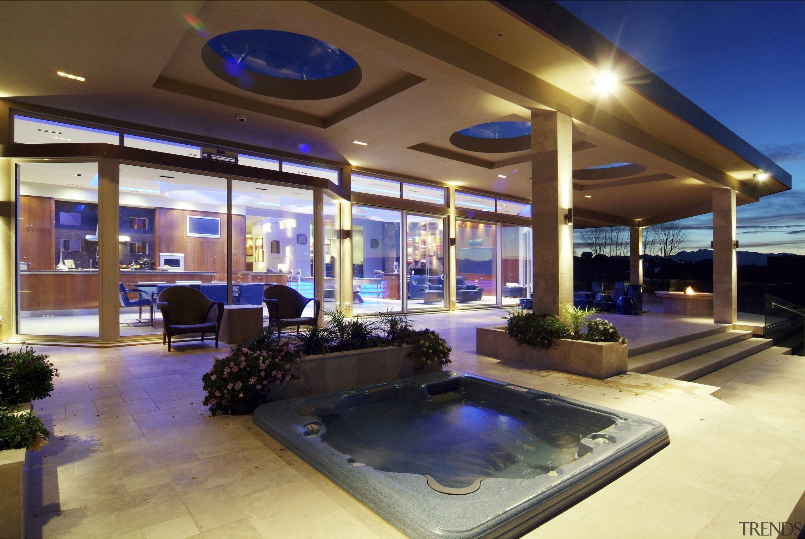 interior deck View of Oak Manor.Motorized opening slides estate, home, interior design, lighting, real estate, brown