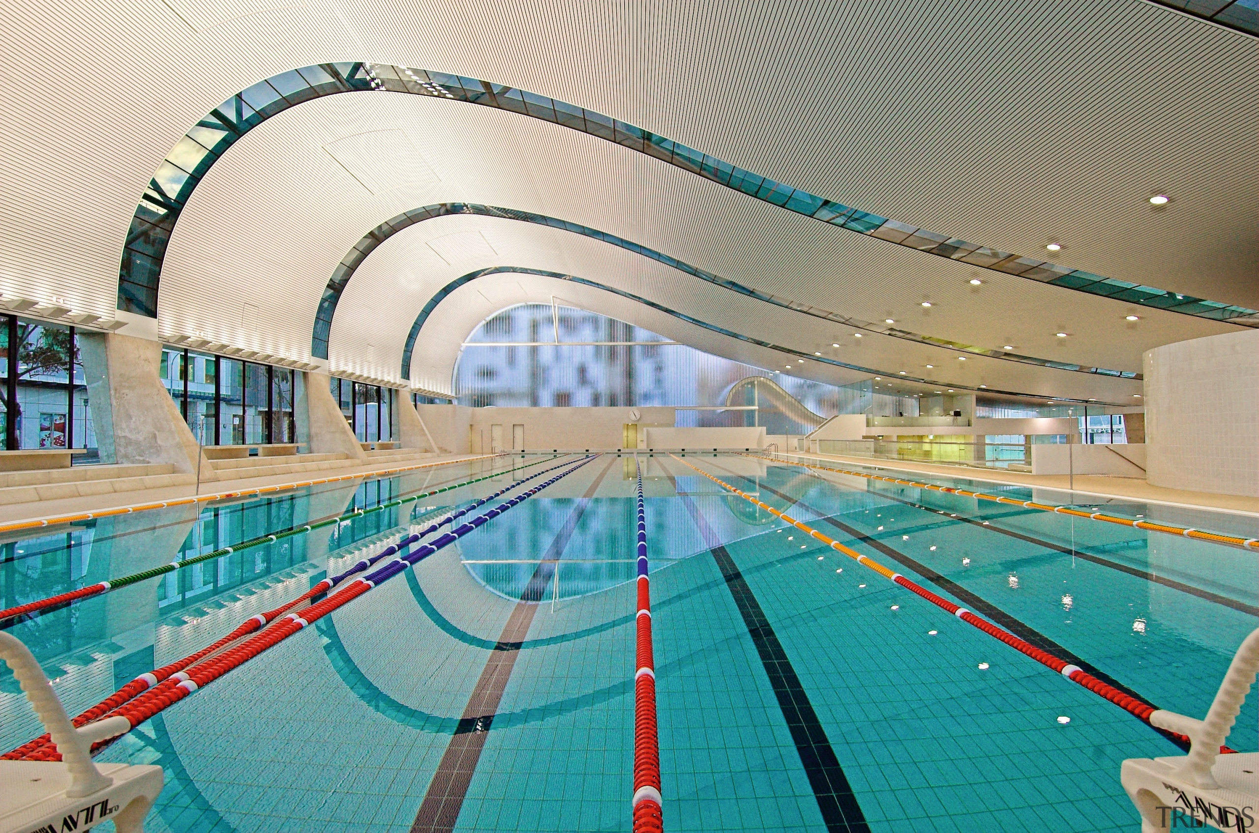 A view of the Ian thorpe Aquatic centre fixed link, leisure, leisure centre, recreation, sport venue, structure, swimming pool, teal, white