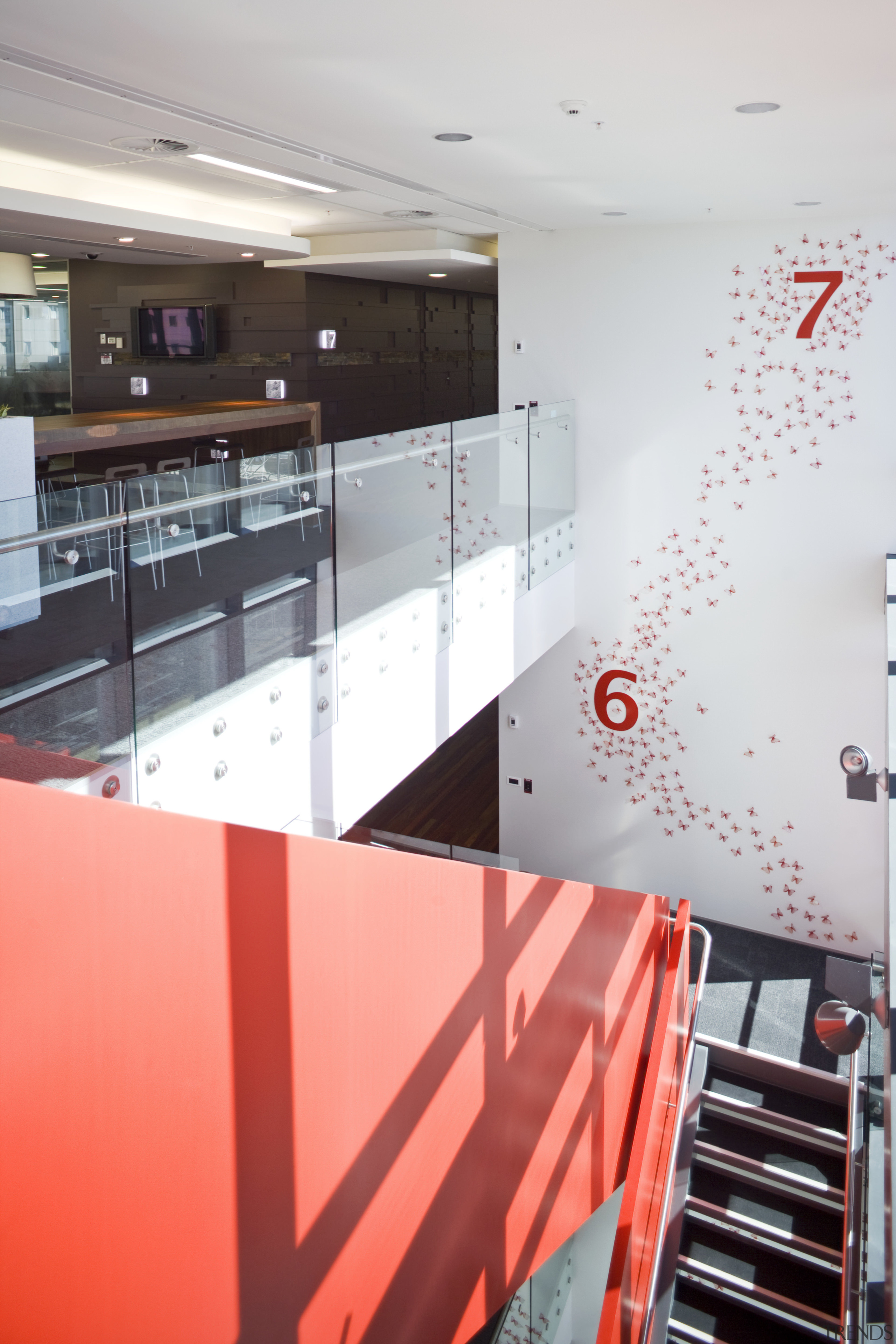 View of red stairway that zigzags up the architecture, ceiling, floor, glass, interior design, product design, white, red