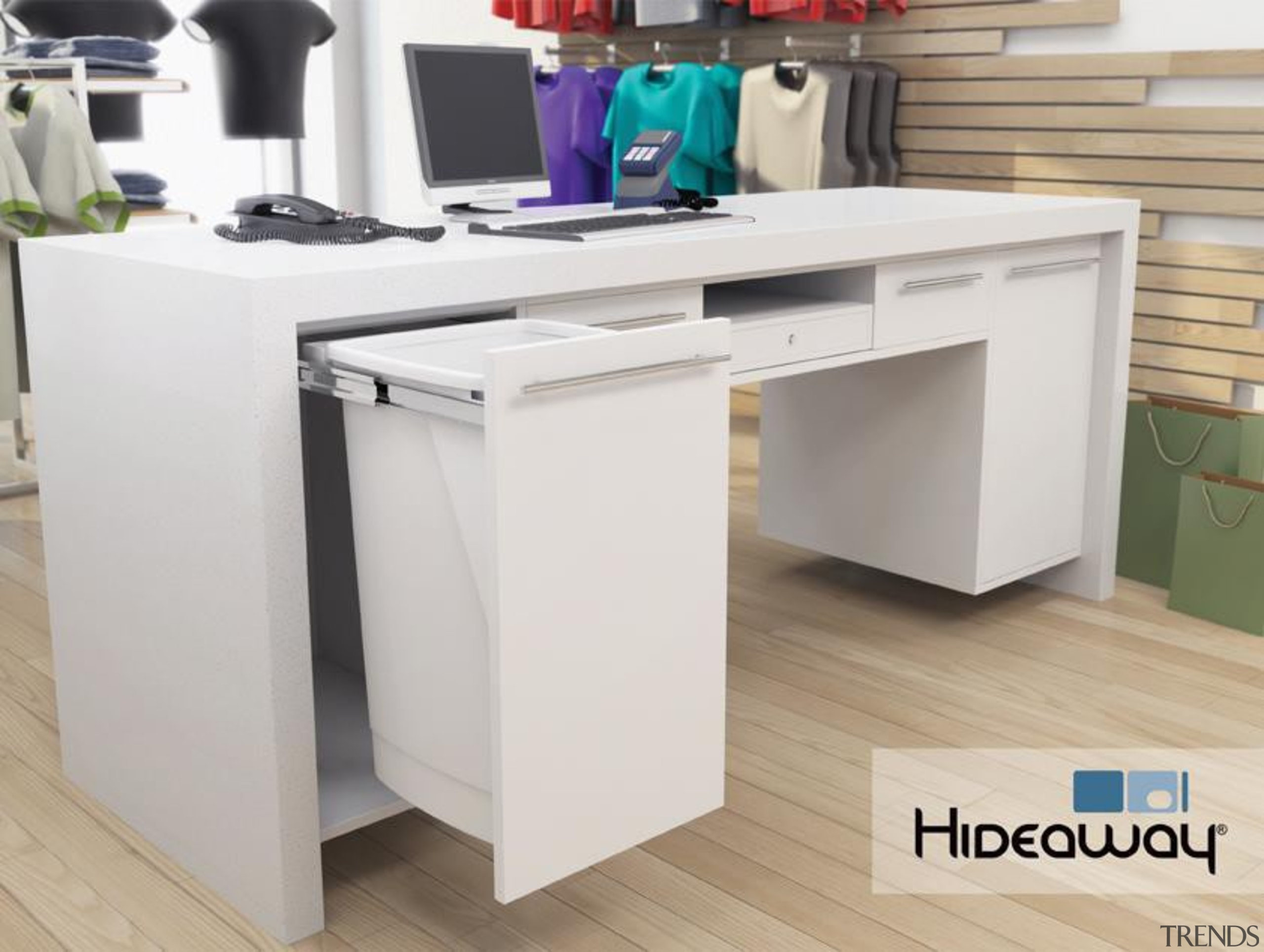 A 50L Hideaway Bin featured in a retail desk, drawer, furniture, office, product, product design, table, gray