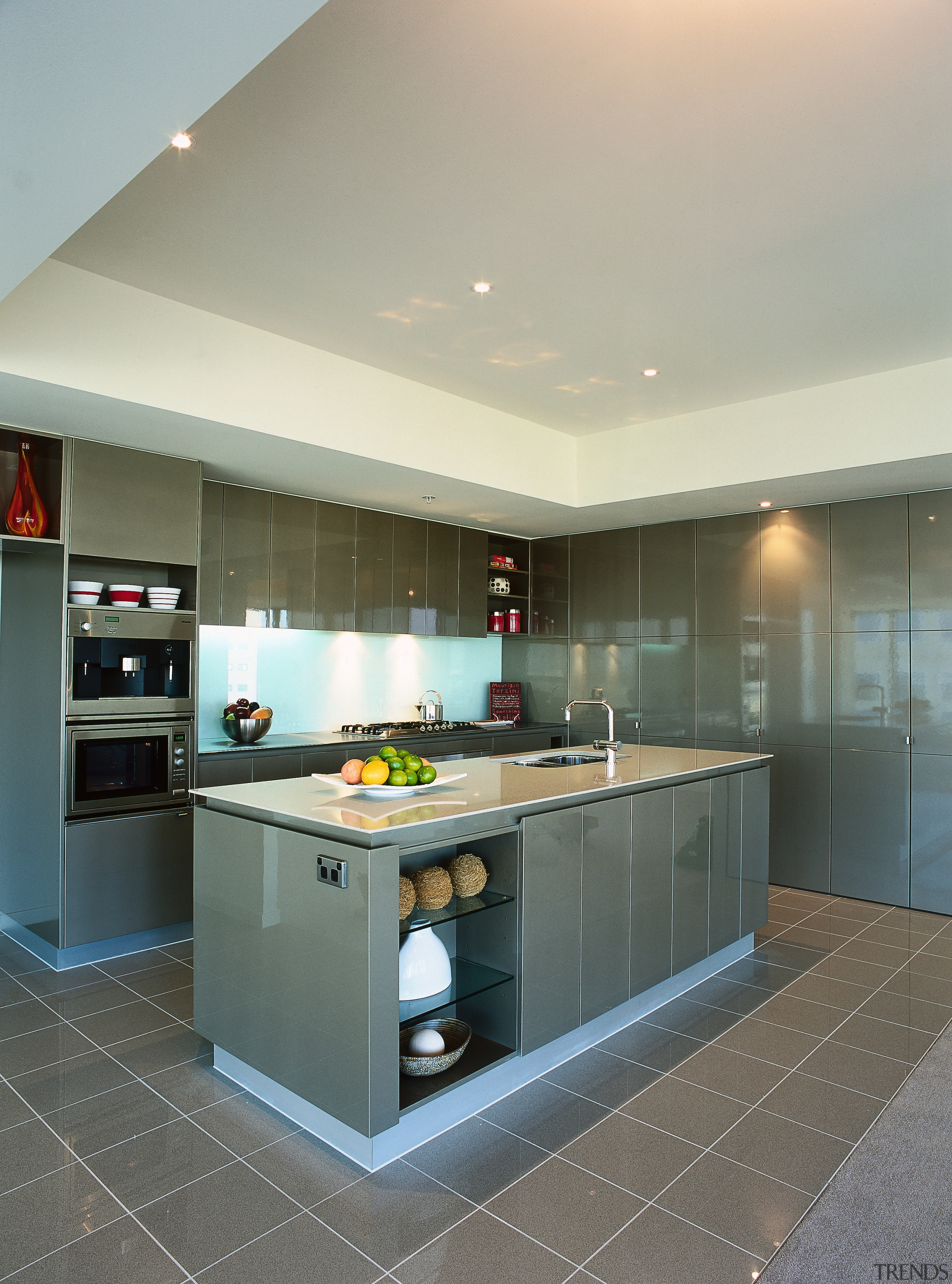 View of this kitchen featuring a Miele stainless cabinetry, countertop, interior design, kitchen, real estate, gray