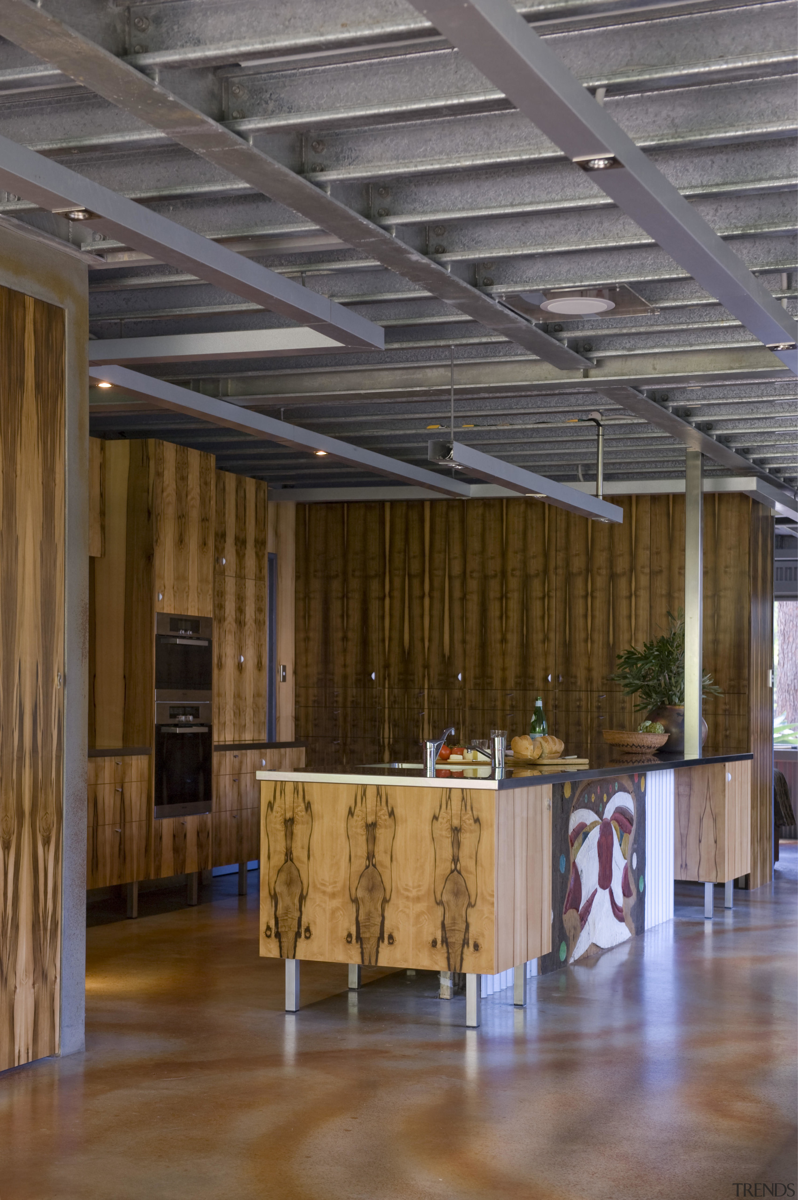 The house and kitchen designed by Jonothan Grose-Jong architecture, beam, ceiling, daylighting, floor, flooring, hardwood, interior design, lobby, wood, wood flooring, brown, gray