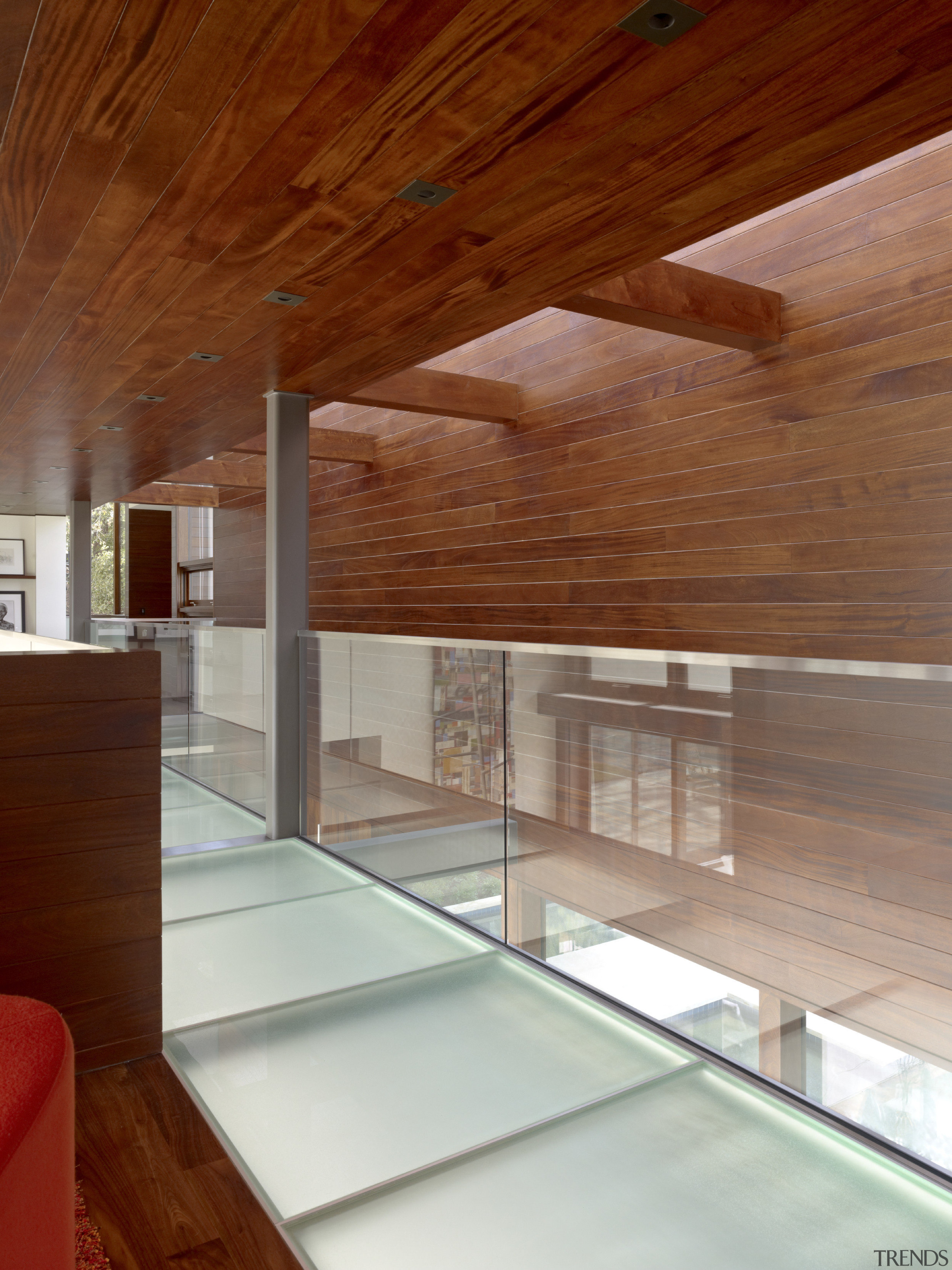 View of the suspended hallway. - View of architecture, beam, ceiling, daylighting, floor, flooring, hardwood, home, house, interior design, plywood, real estate, wall, wood, wood flooring, red, gray