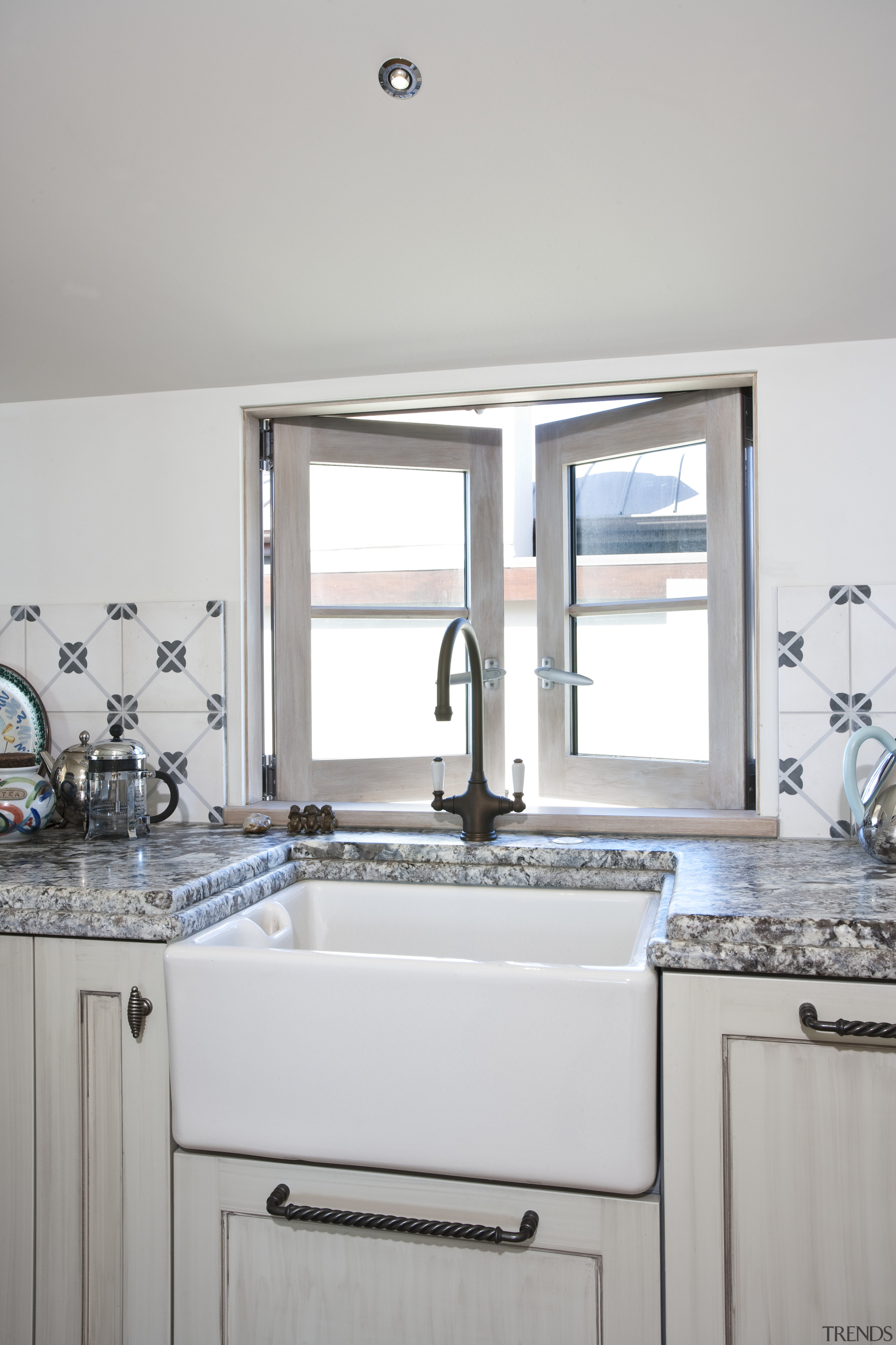 Traditional kitchen with bright outlook - Traditional kitchen bathroom, countertop, home, interior design, kitchen, room, sink, tap, window, gray