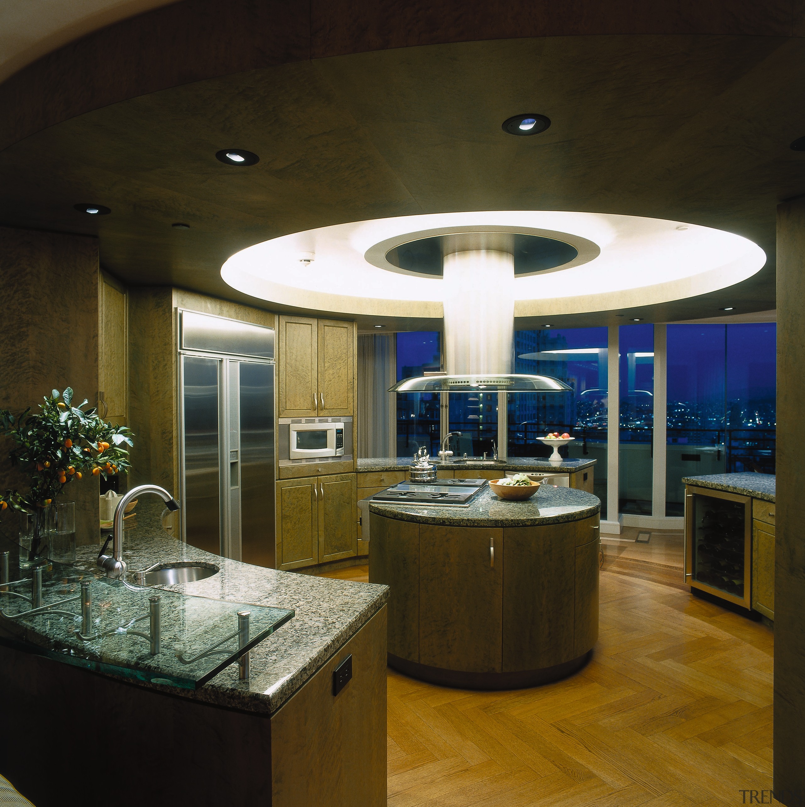 View of the kitchen area - View of ceiling, countertop, interior design, kitchen, lighting, lobby, brown