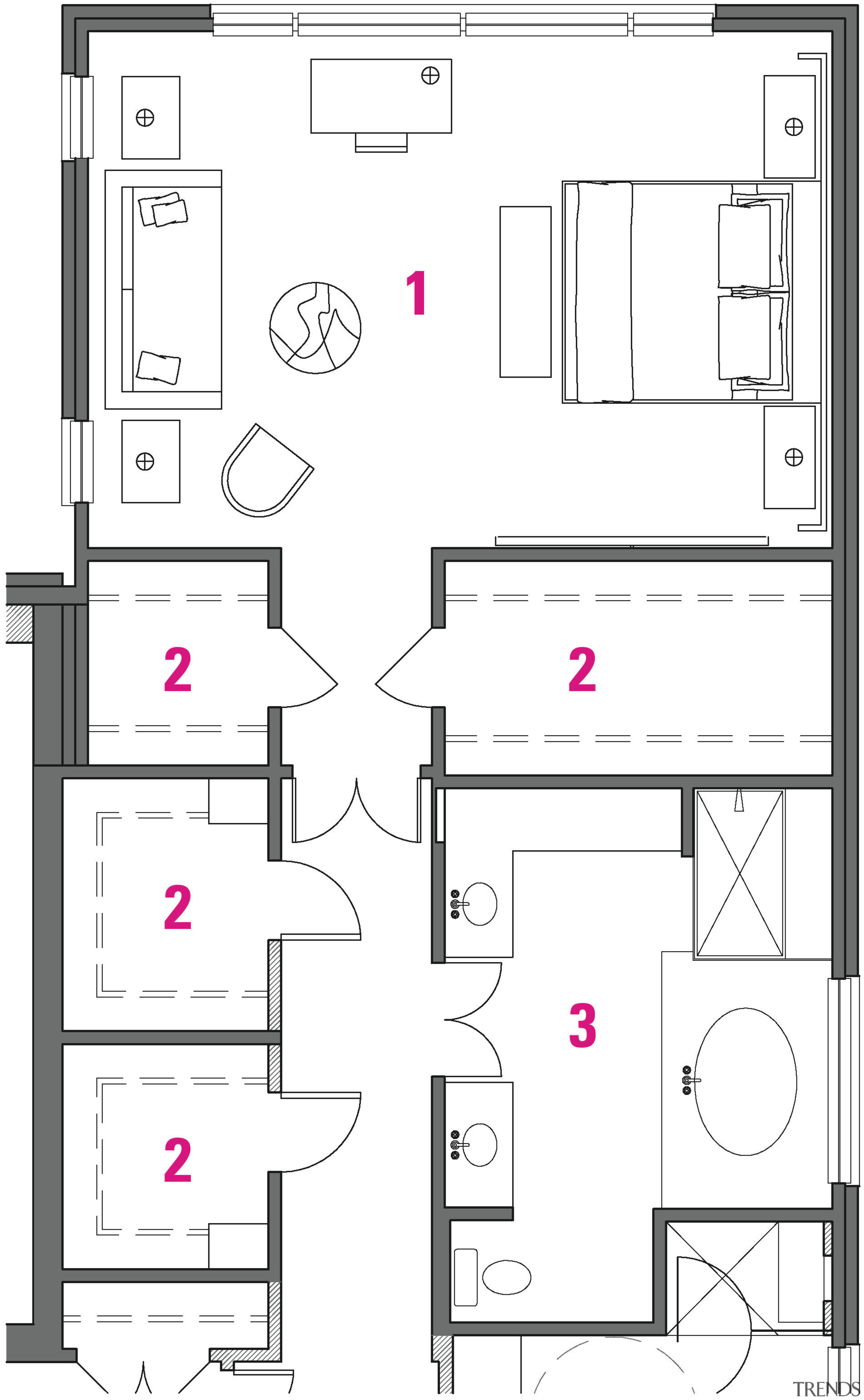 Legend to plan of master suite: 1 master area, design, diagram, drawing, floor plan, font, furniture, line, line art, pattern, product, product design, square, structure, technical drawing, text, white, white