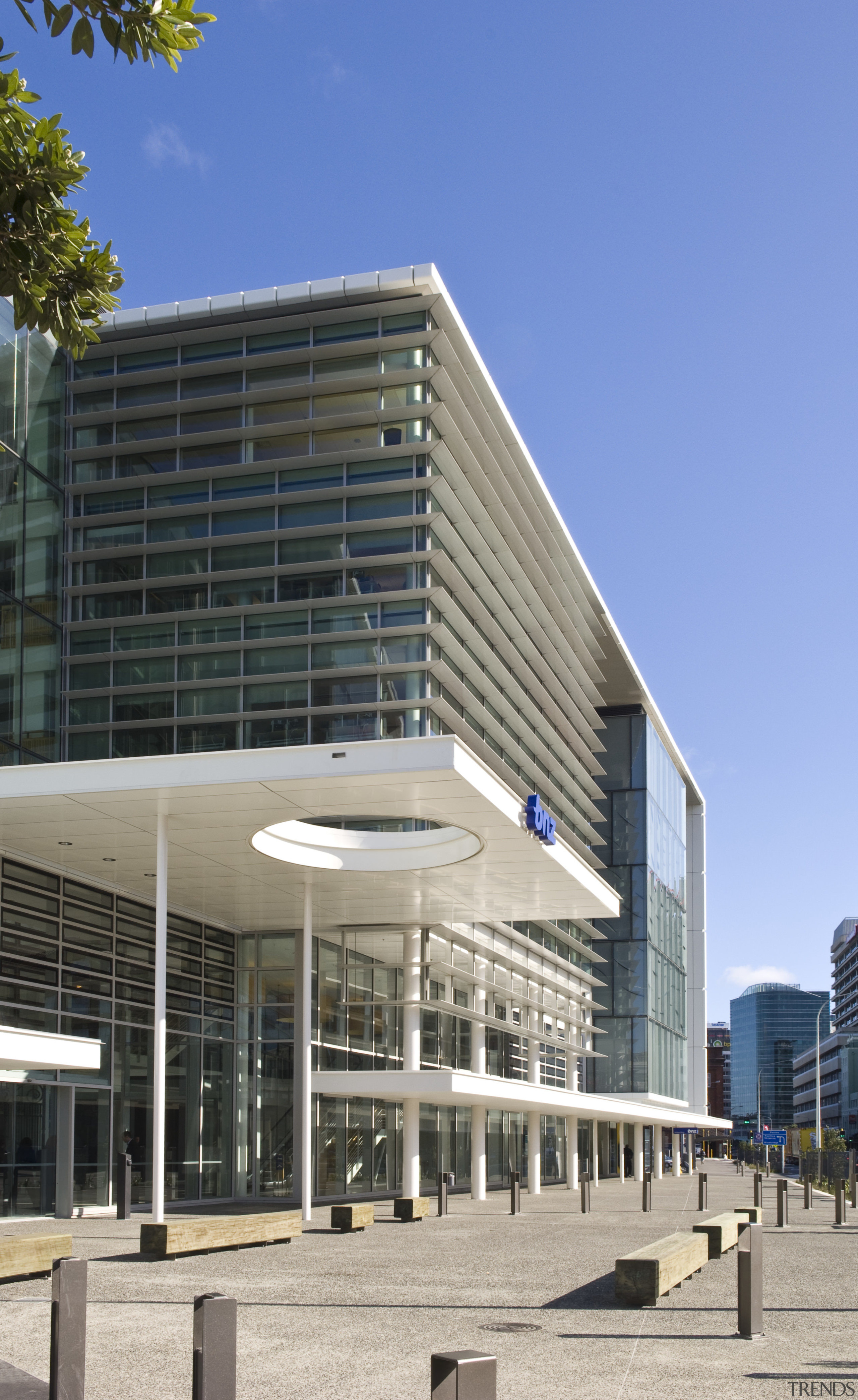 View of the new BNZ Building in Wellington architecture, building, commercial building, condominium, corporate headquarters, daylighting, daytime, facade, headquarters, metropolitan area, mixed use, real estate, residential area, sky, gray, teal