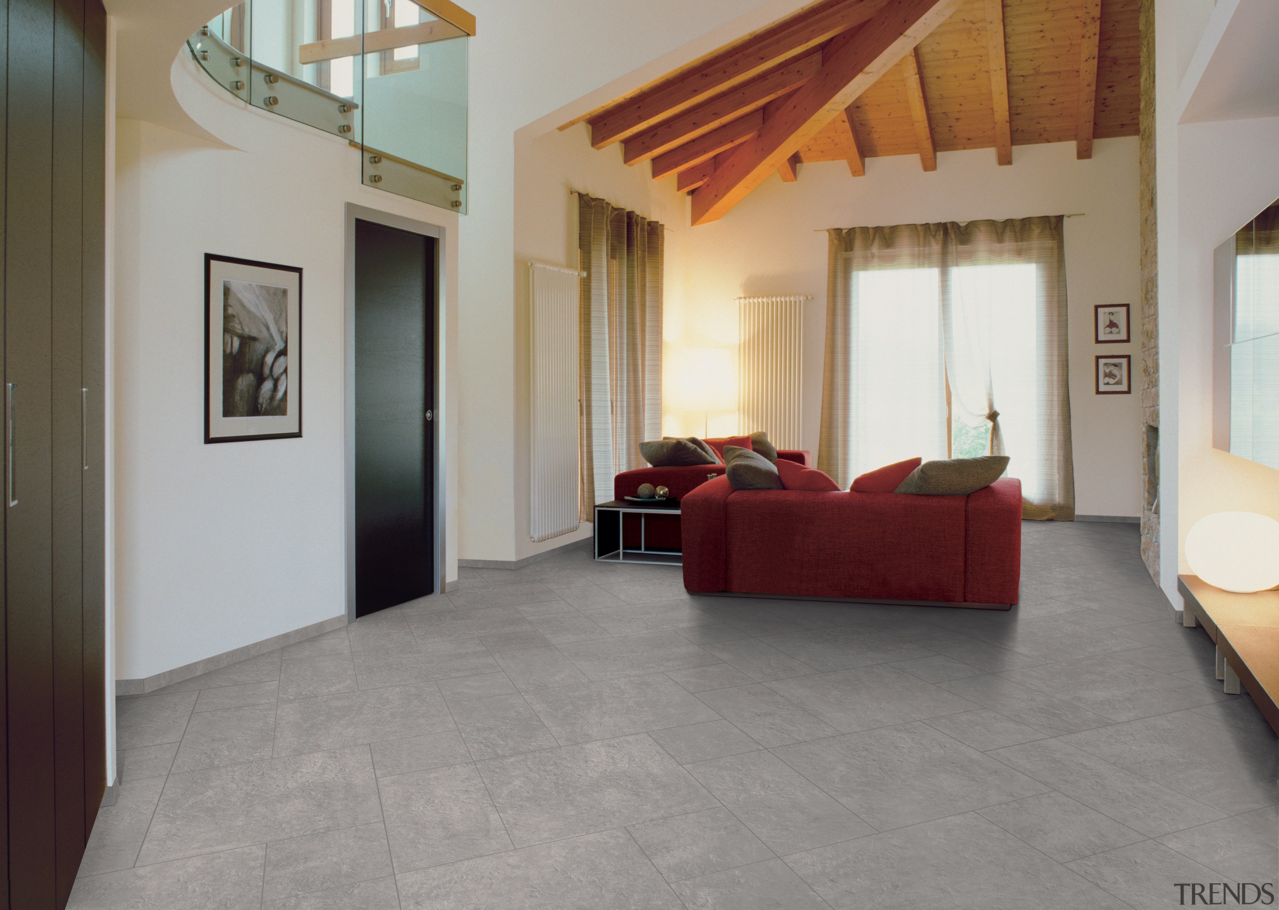 Opened planned living room with stone tiled flooring, ceiling, estate, floor, flooring, hardwood, interior design, laminate flooring, living room, lobby, property, real estate, room, tile, wood, wood flooring, gray