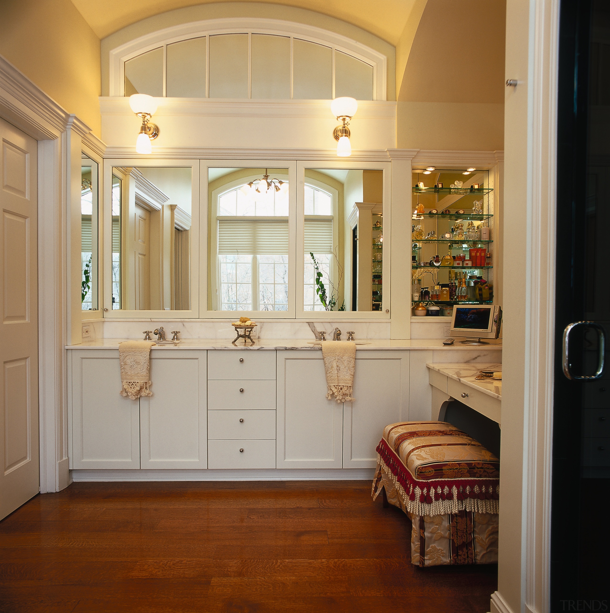 View of bathroom with cream cabinetry, marble vanity cabinetry, ceiling, countertop, cuisine classique, floor, flooring, furniture, hardwood, home, interior design, kitchen, room, window, wood flooring, brown
