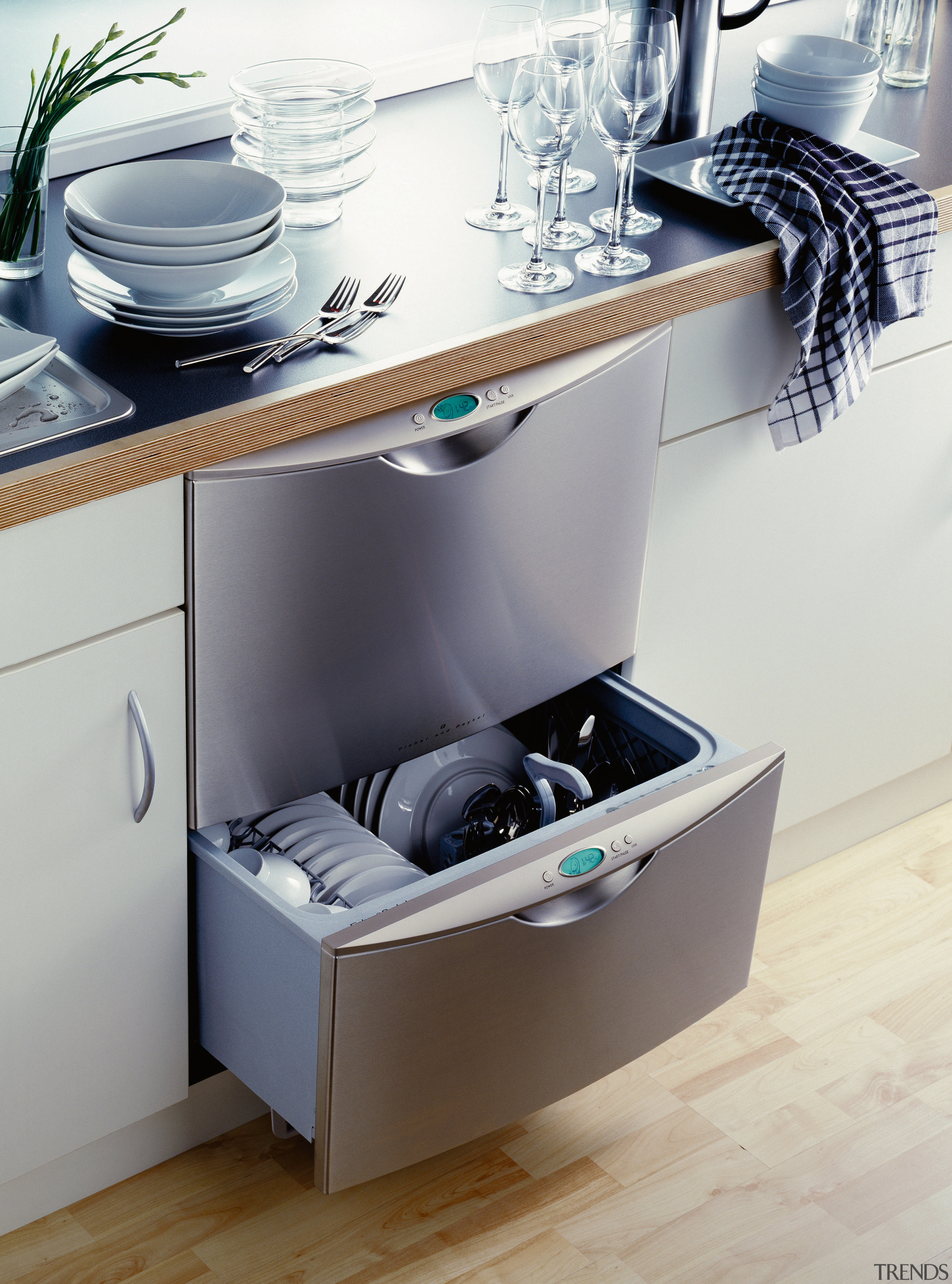 View of a double drawer stainless steel dishwasher. drawer, furniture, home appliance, kitchen appliance, major appliance, product, product design, tap, white, gray