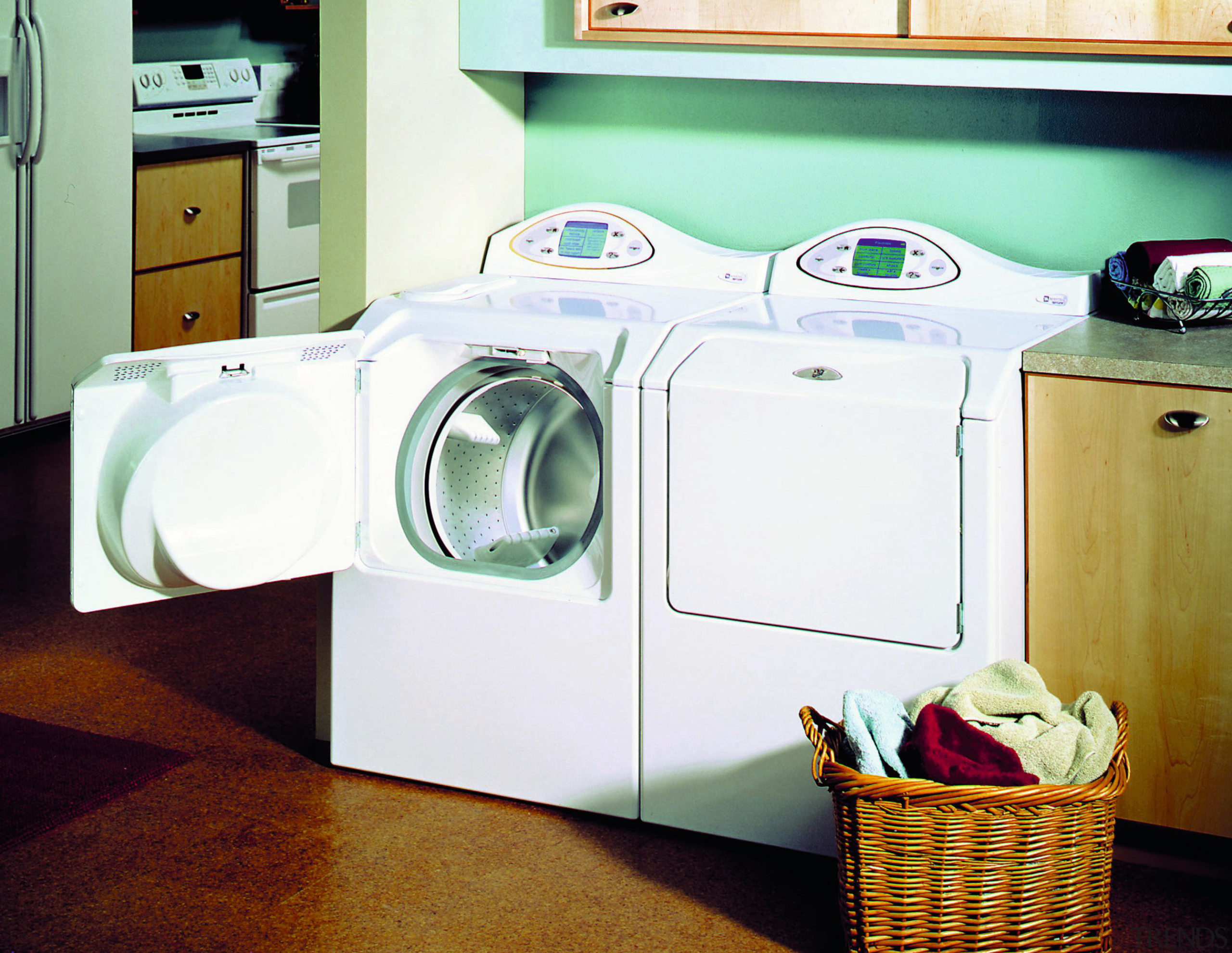 Laundry room with side by side front loading clothes dryer, home appliance, laundry, laundry room, major appliance, product, product design, room, washing machine, white