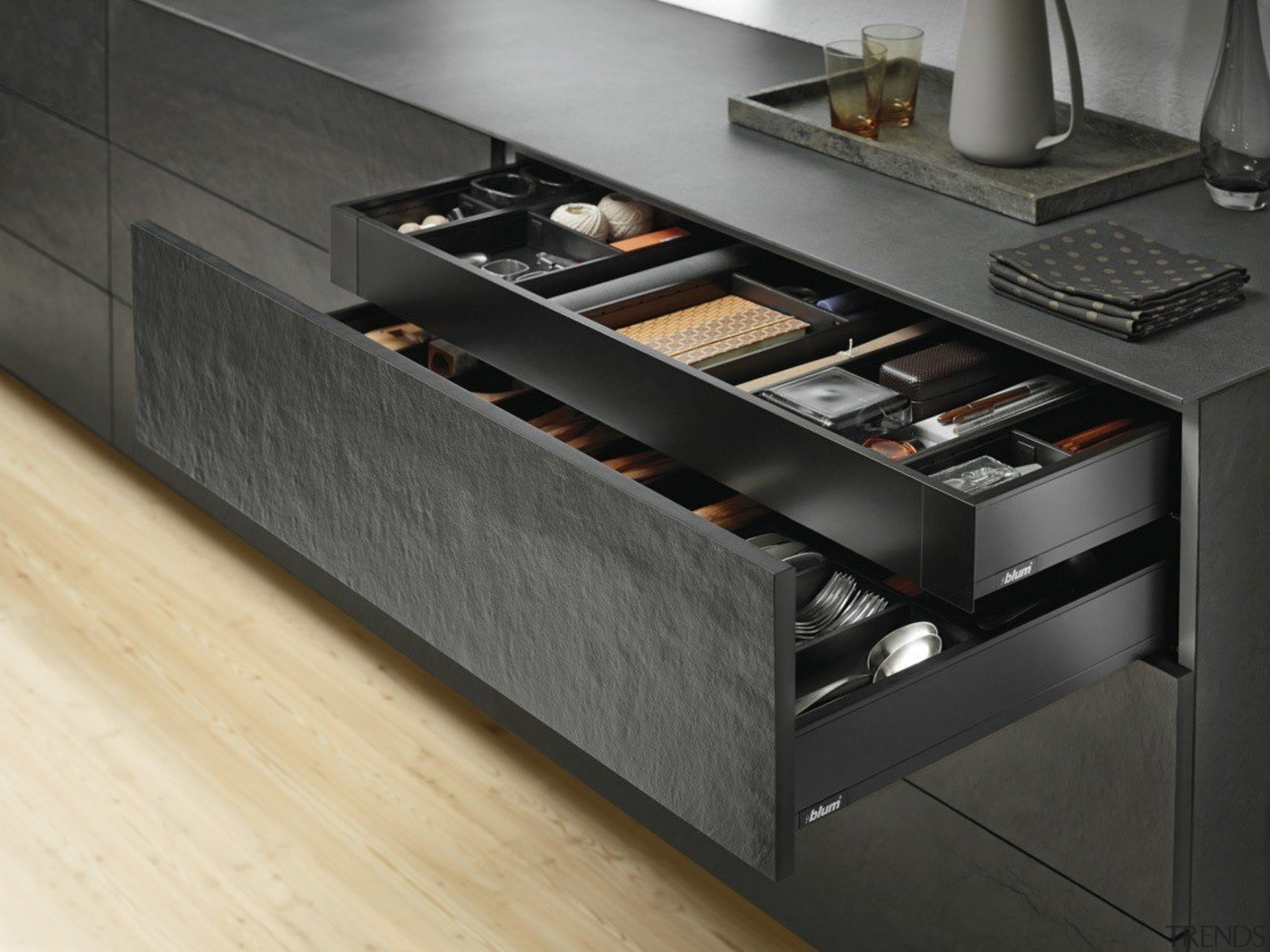 AMBIA-LINE inner dividing system – organization at its countertop, floor, furniture, kitchen, product, product design, black, gray