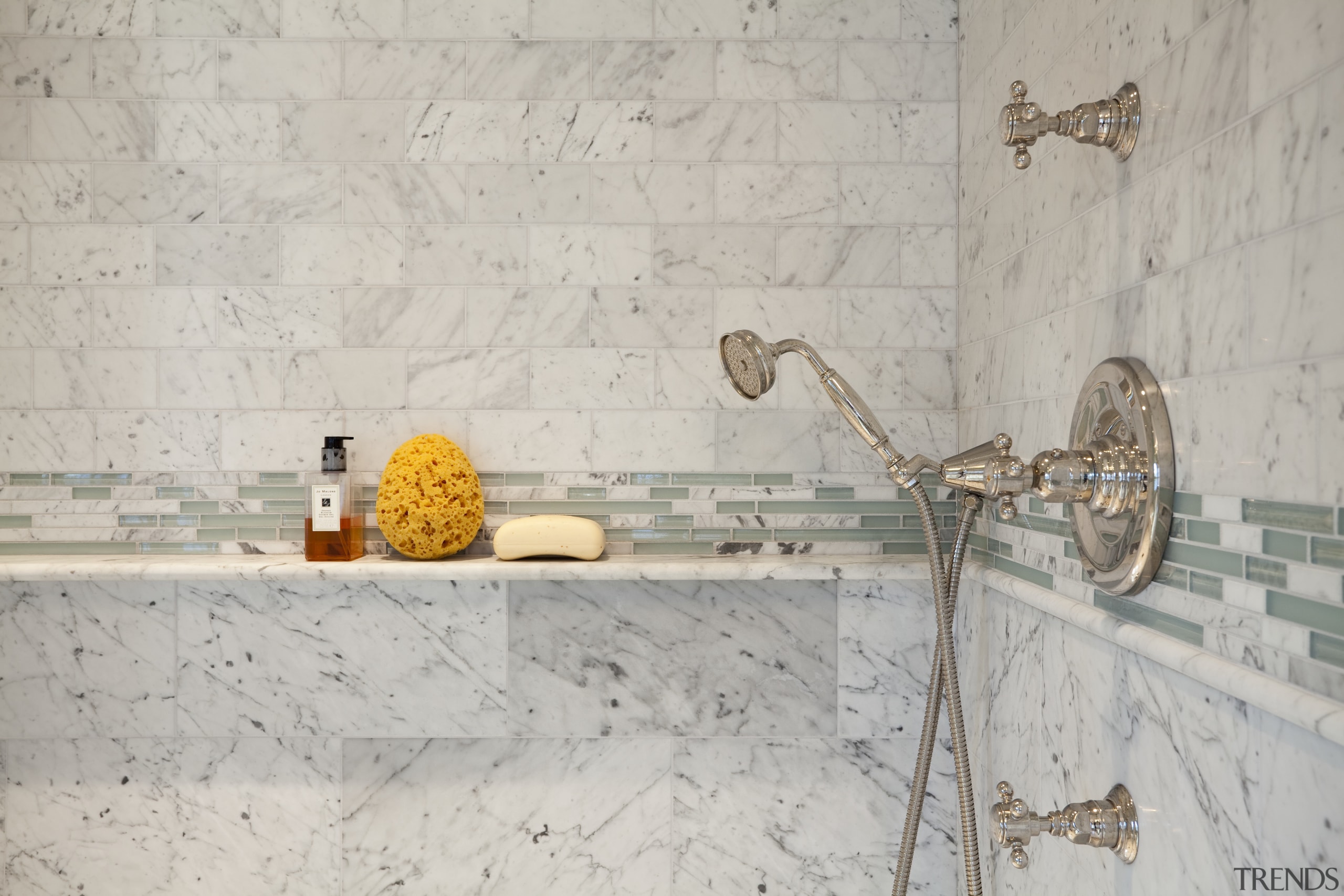 View of contemporary light toned shower. - View floor, flooring, tile, wall, gray