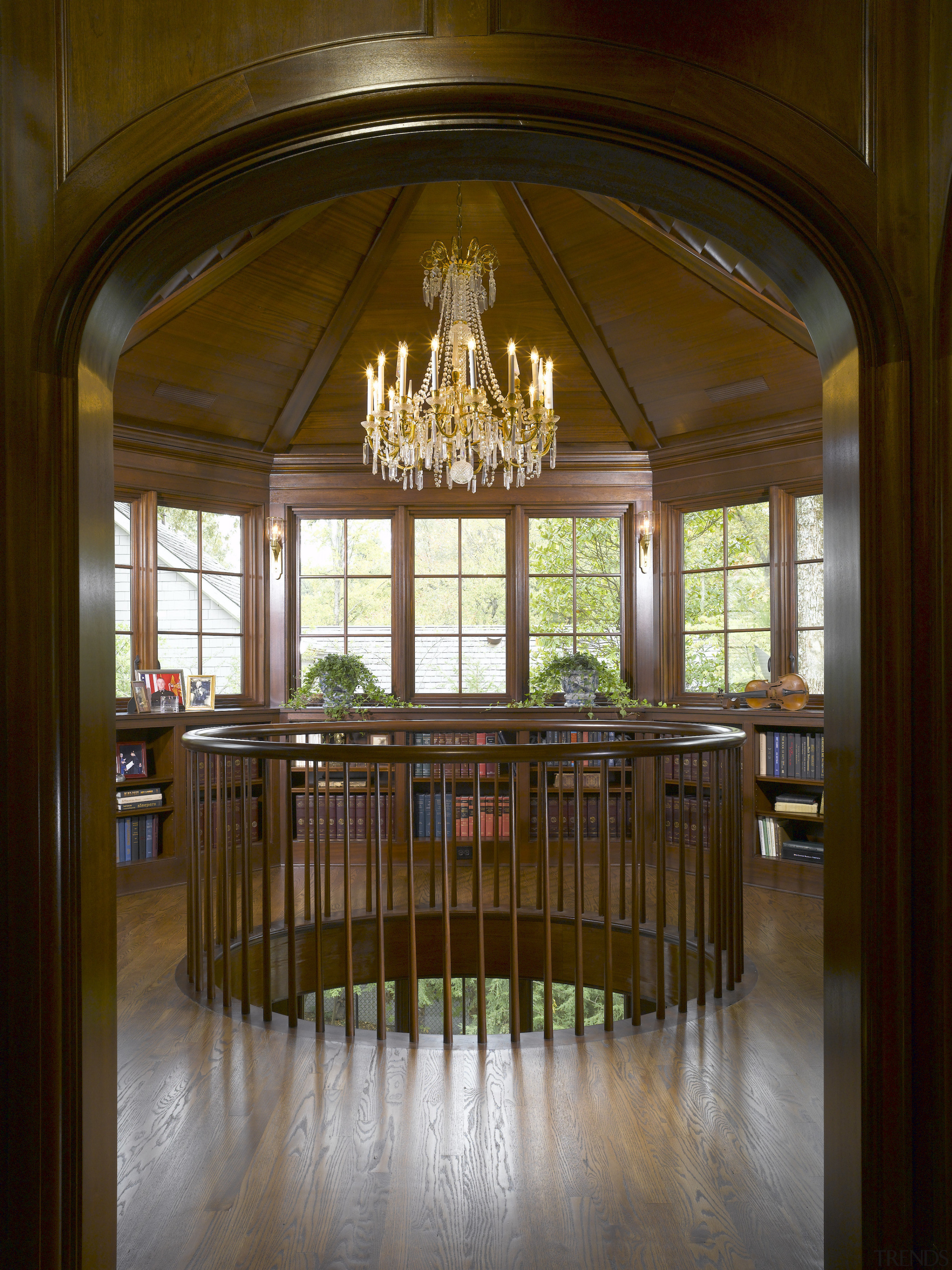 A view of the library area, wooden flooring, ceiling, chapel, estate, furniture, interior design, lobby, symmetry, window, wood, brown