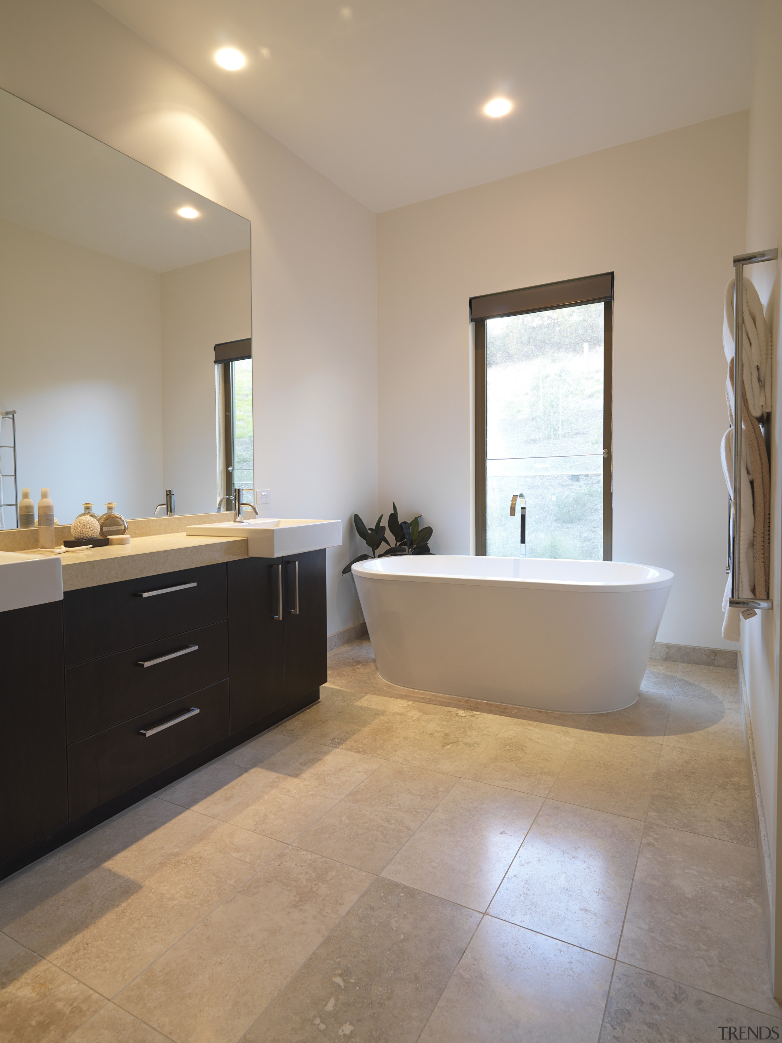 Bathroom, featuring vanity with dark-stained timber cabinetry and bathroom, countertop, estate, floor, flooring, hardwood, home, interior design, laminate flooring, property, real estate, room, sink, tile, wall, wood flooring, gray