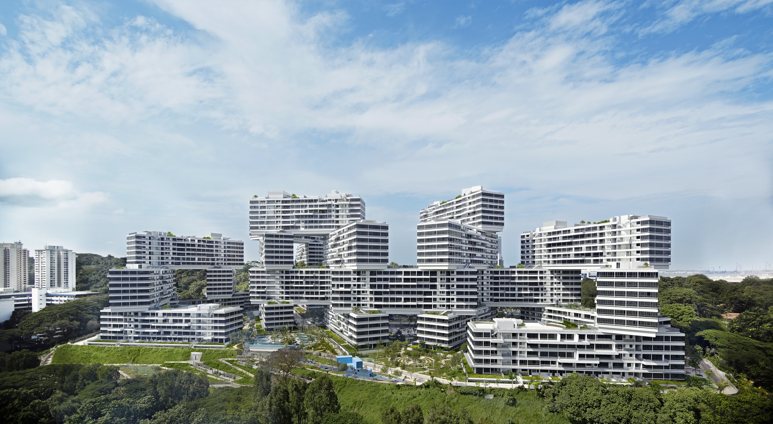 Openings between the stacked buildings in The Interlace bird's eye view, building, city, cityscape, condominium, corporate headquarters, daytime, landmark, metropolis, metropolitan area, mixed use, real estate, residential area, sky, skyline, skyscraper, suburb, tower block, urban area, urban design, white