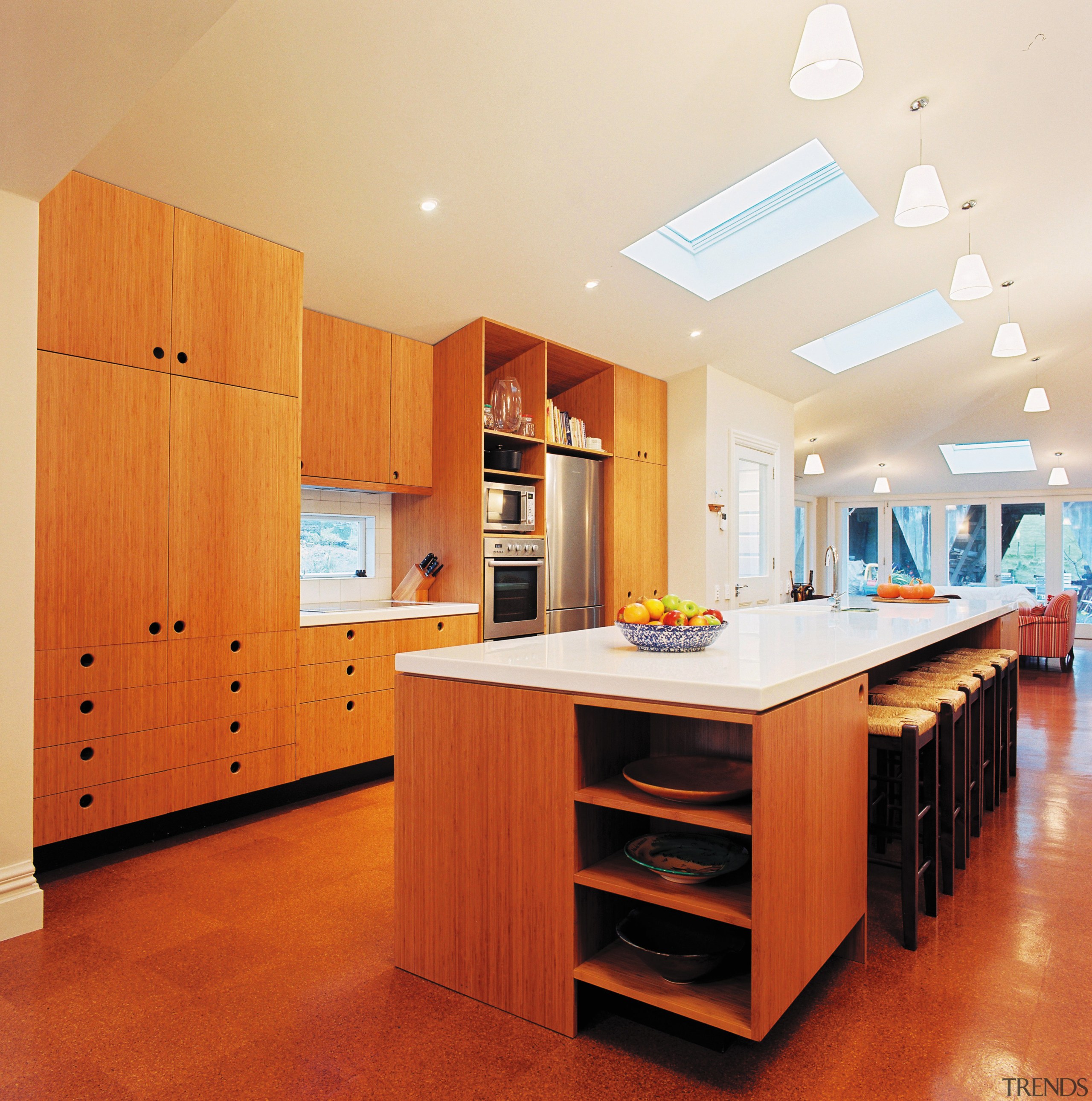 A view of some kitchen joinery by Freear cabinetry, ceiling, countertop, floor, flooring, hardwood, interior design, kitchen, real estate, room, wood flooring, red, white