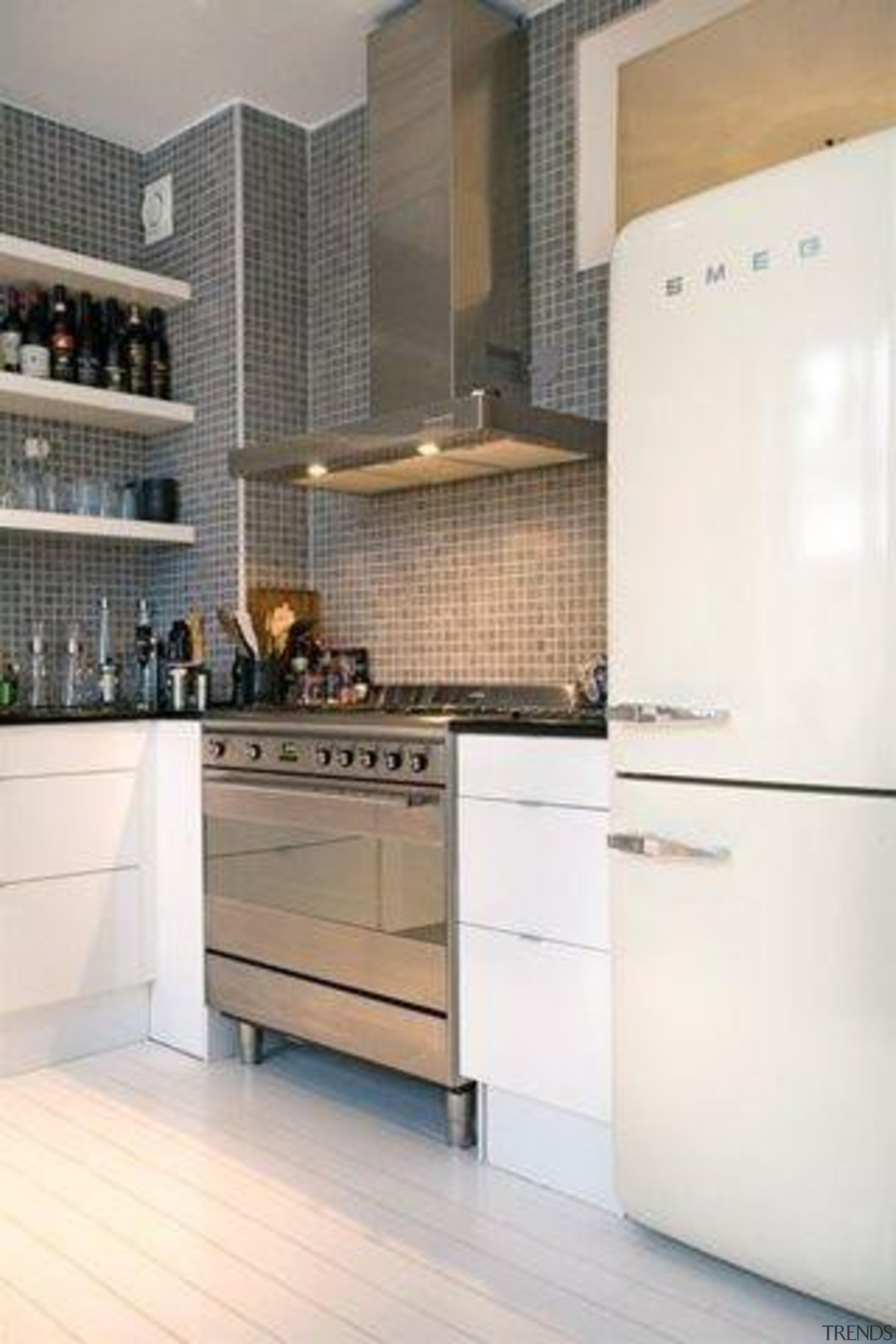 Smeg white fab fridge/freezer, Smeg freestanding oven and cabinetry, countertop, cuisine classique, floor, flooring, home appliance, interior design, kitchen, kitchen stove, room, tile, white