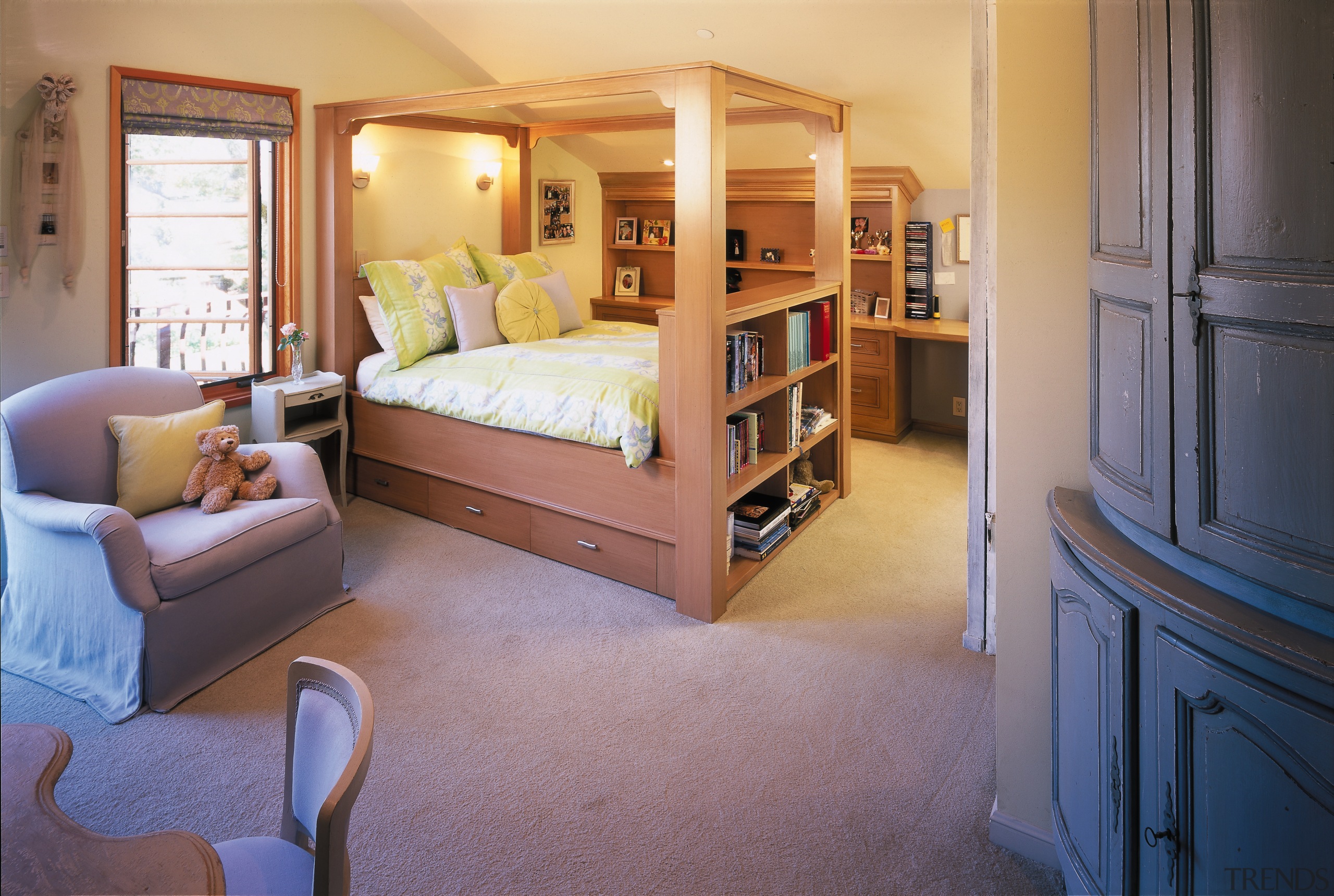 A view of a home by Hedgpeth Architects. bed, bedroom, estate, floor, flooring, furniture, hardwood, home, house, interior design, living room, real estate, room, wood flooring, gray