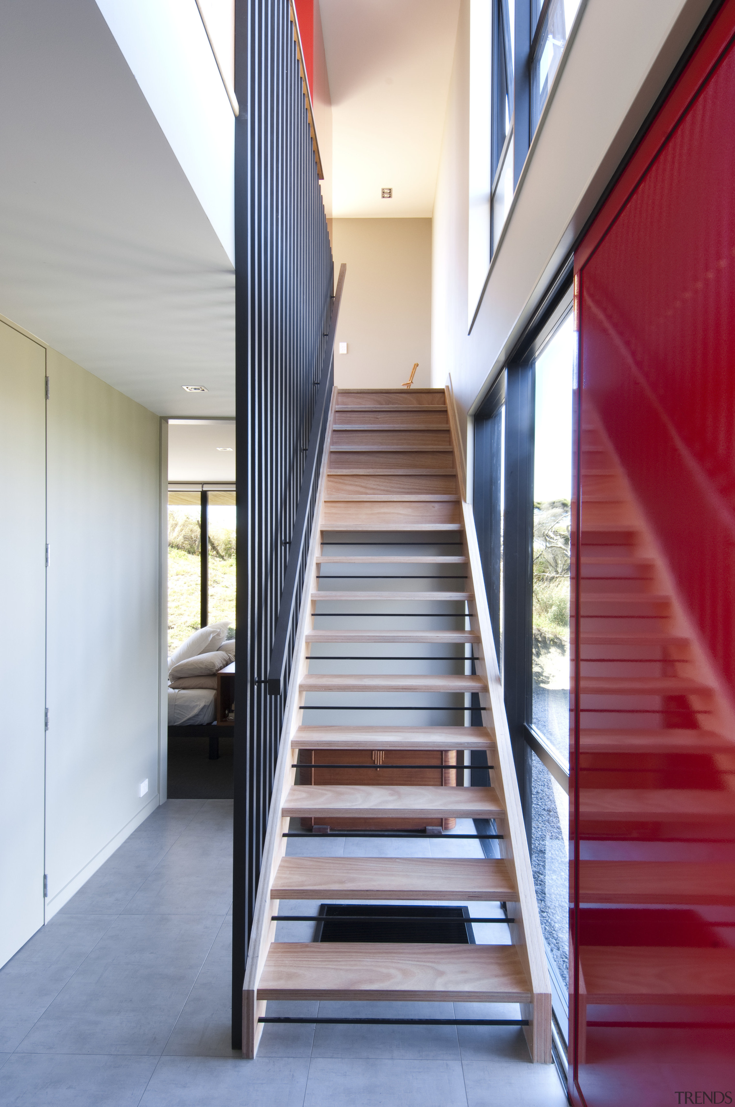 View of stairway with red wall. - View architecture, daylighting, floor, handrail, house, interior design, stairs, white, gray