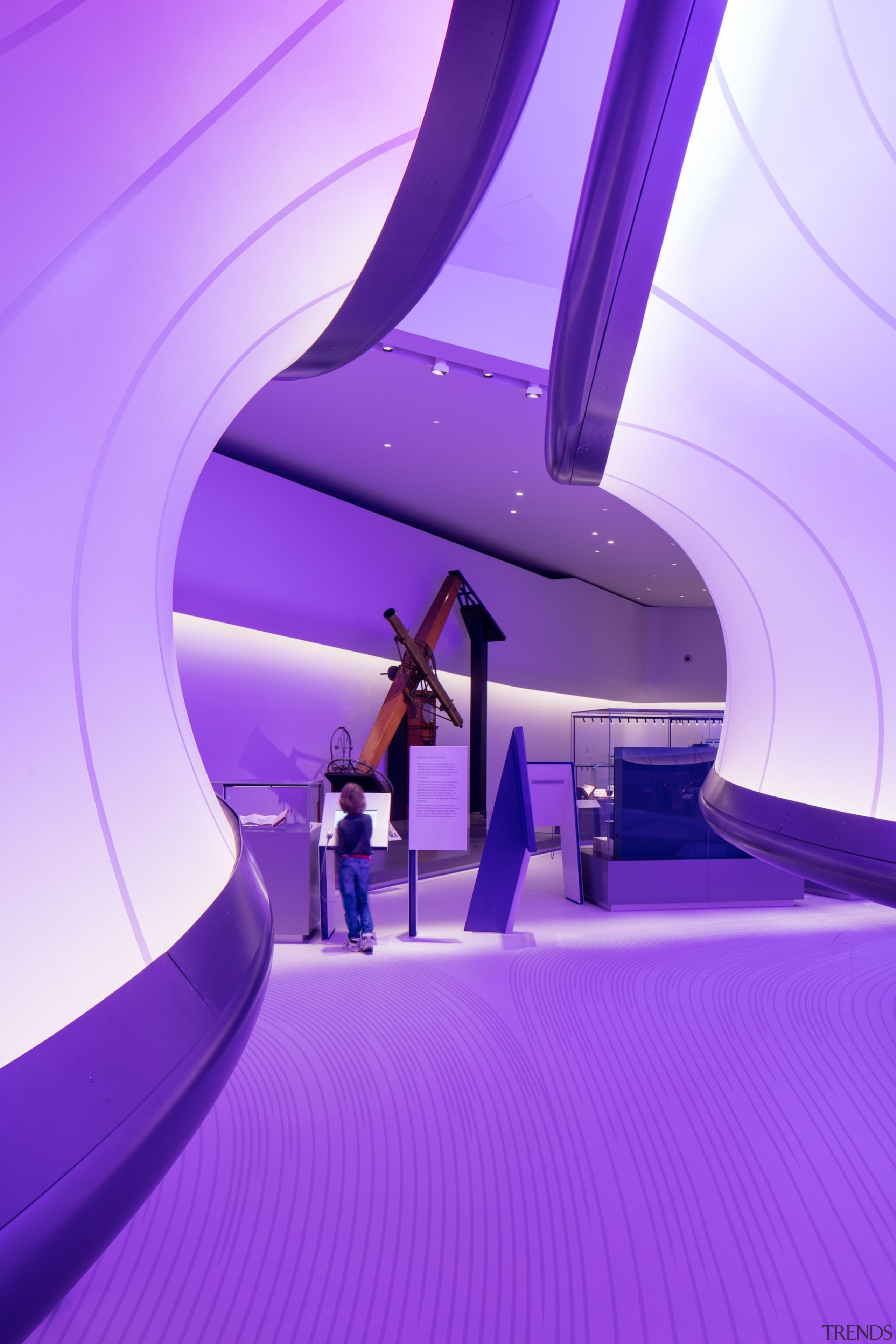 Zaha Hadid – Mathematics: The Winton Gallery – architecture, ceiling, interior design, light, lighting, product design, purple, violet, purple