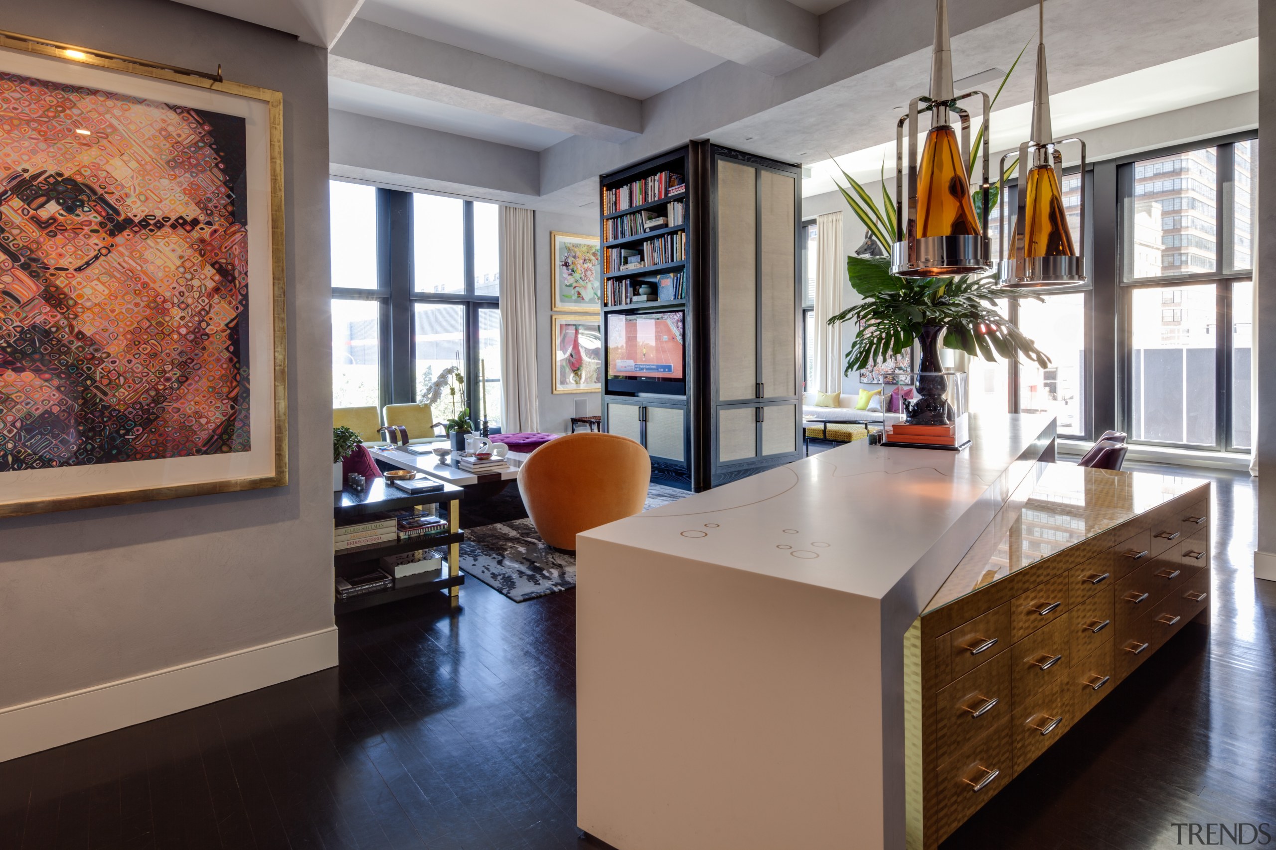 At over 5m long, this angled kitchen island countertop, furniture, interior design, room, gray