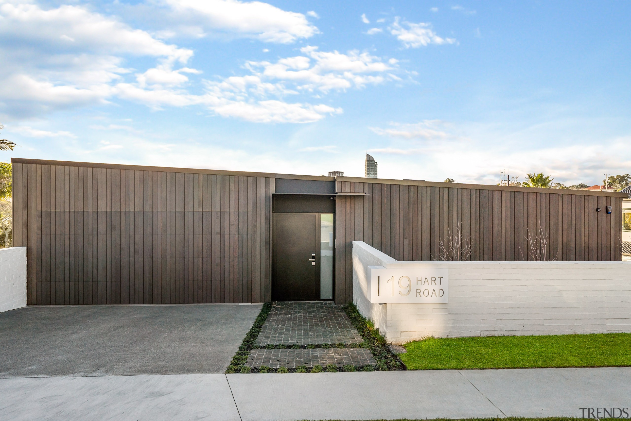 Integrating the double garage door into the rest architecture, building, concrete, estate, facade, grass, home, house, land lot, line, plant, property, real estate, residential area, roof, tree, wall, white