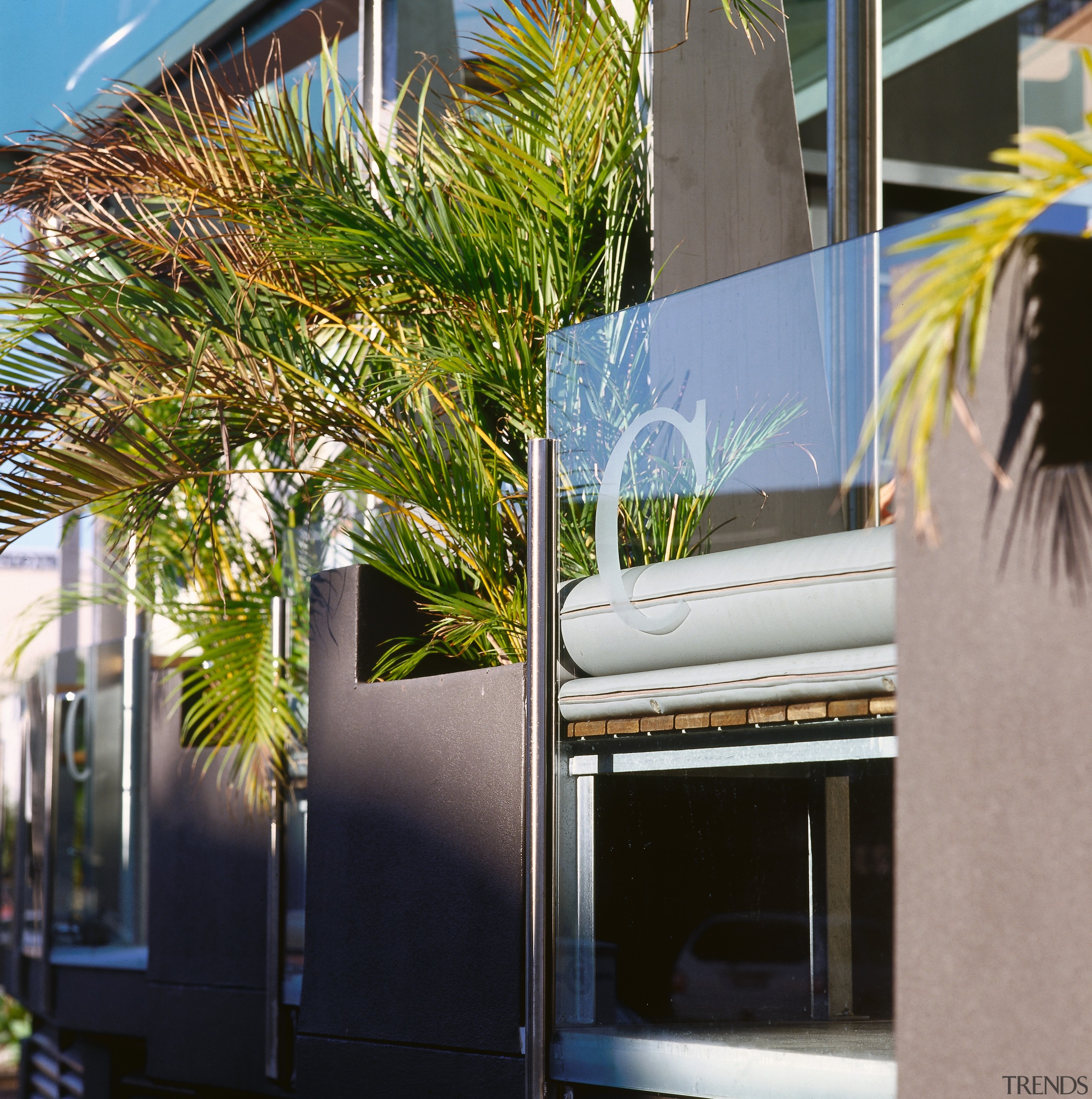 Exterior view of building with glass balustrades on arecales, home, house, palm tree, plant, property, real estate, tree, window, gray, black