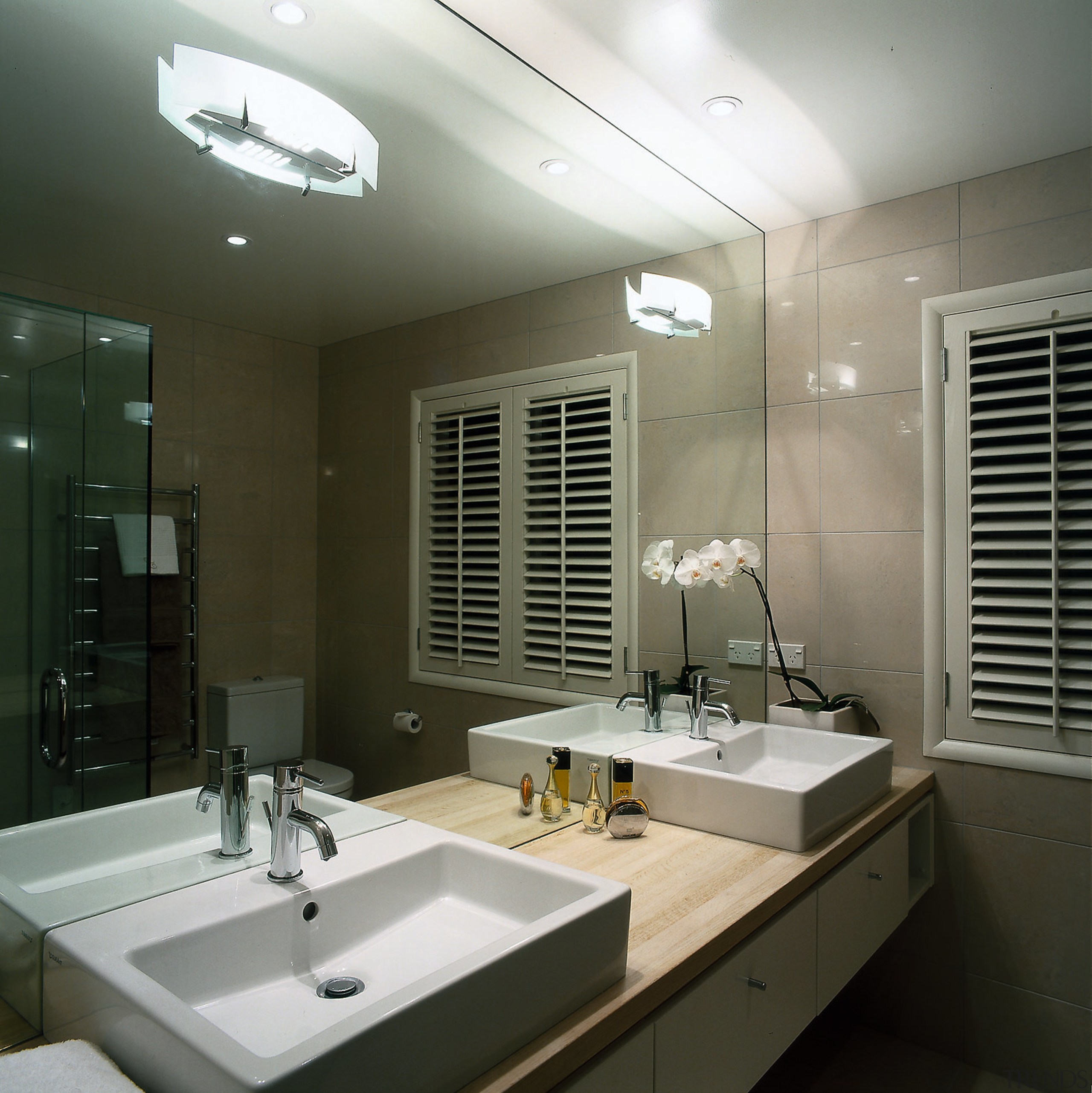 A view of the bathroom - A view bathroom, ceiling, interior design, room, sink, gray, black