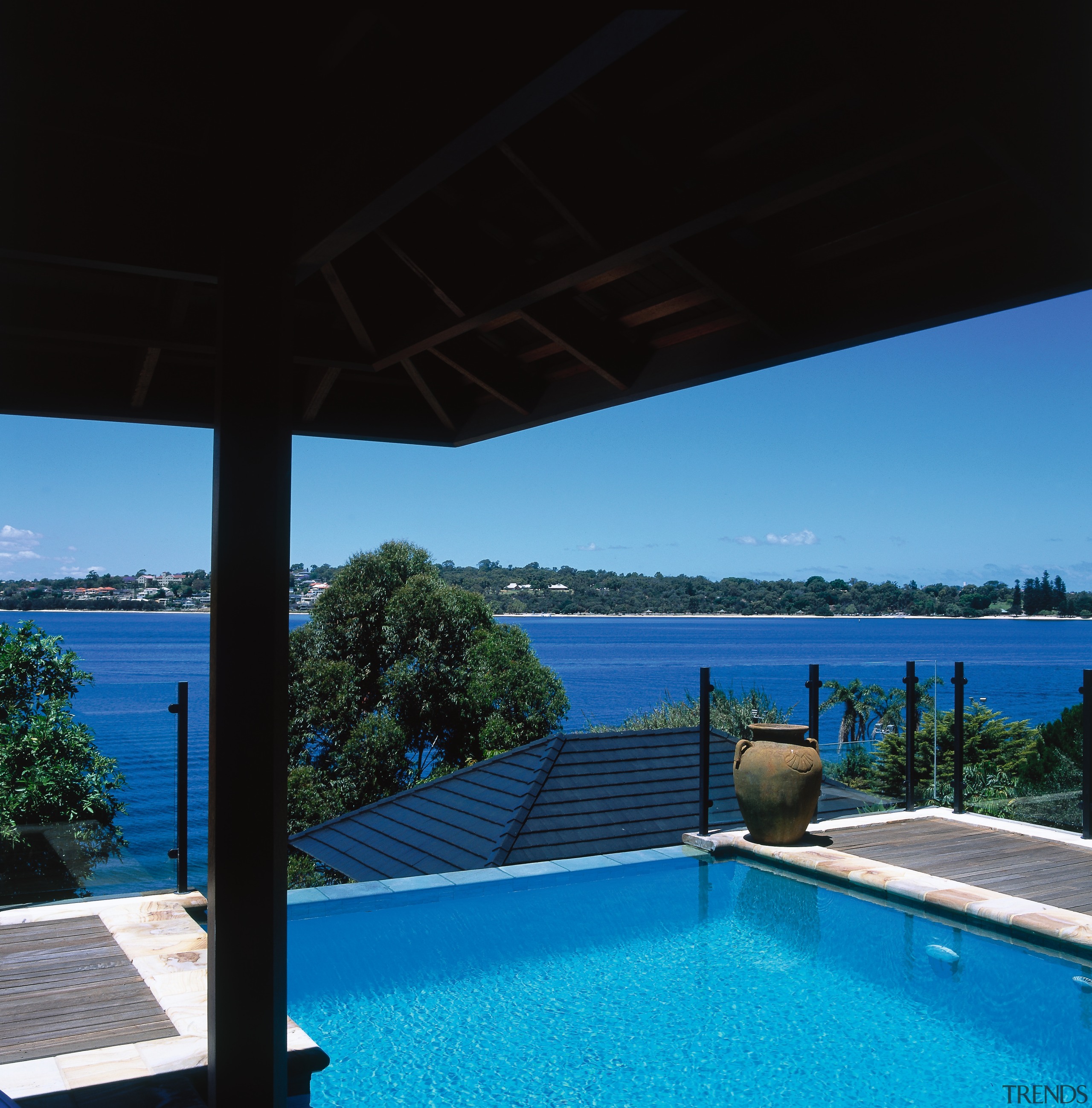 Vie wof the swimming pool from the gazebo, estate, house, leisure, property, real estate, resort, sea, shade, sky, swimming pool, vacation, villa, water, black, teal
