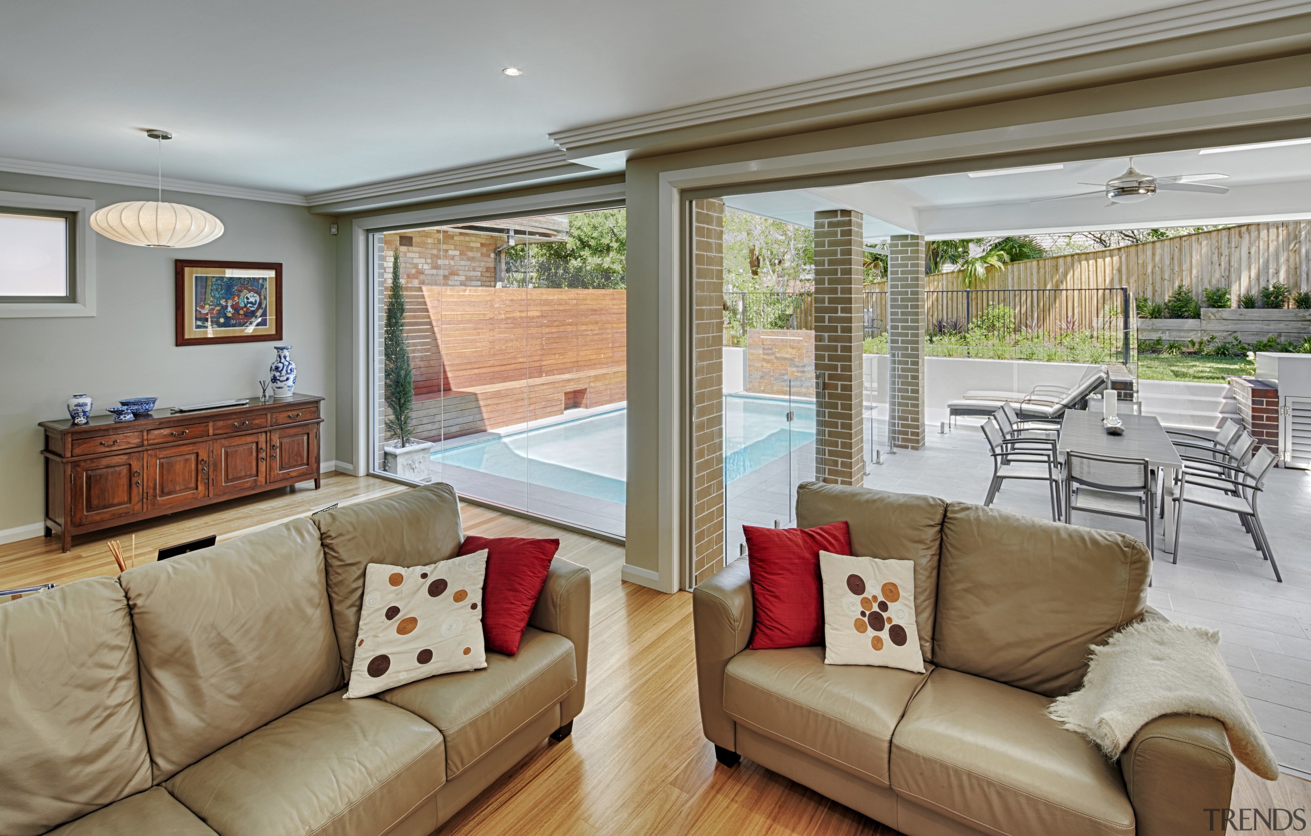 Contemporary house with flow to pool - Contemporary estate, floor, home, house, interior design, living room, property, real estate, room, window, gray, brown