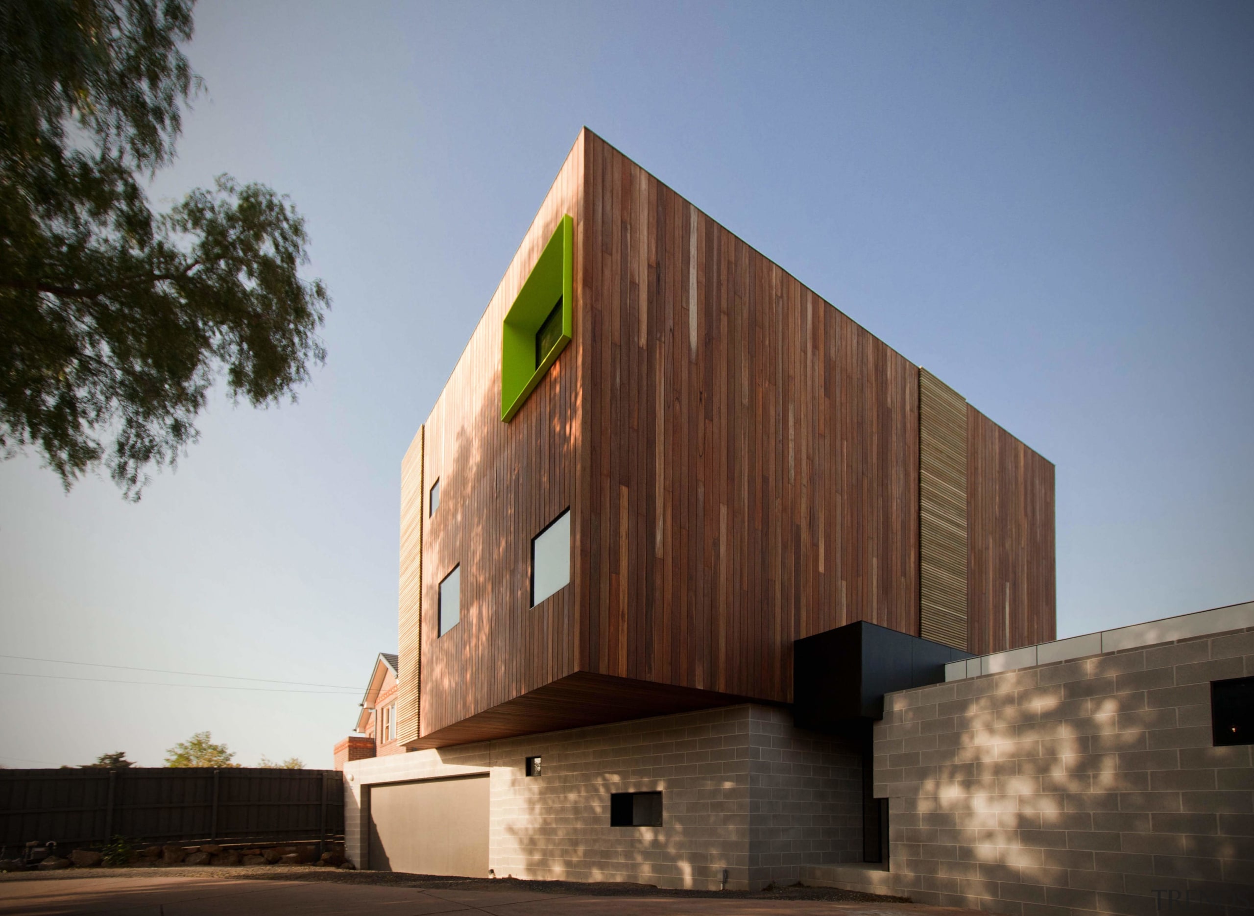 Another view of the box form of the architecture, building, facade, house, sky, wood, brown