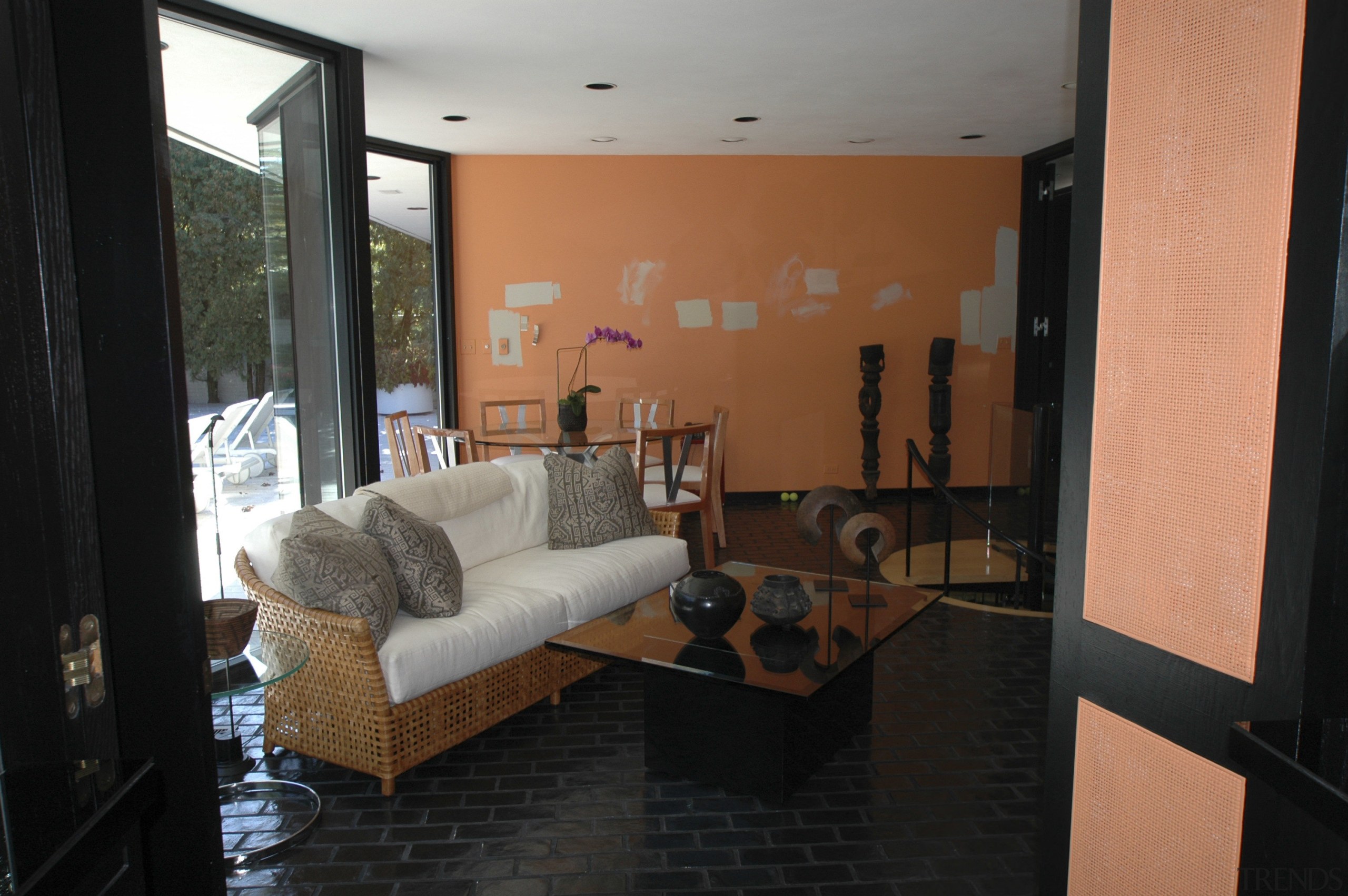 View of living area in a 1970's house apartment, architecture, house, interior design, living room, property, real estate, room, black