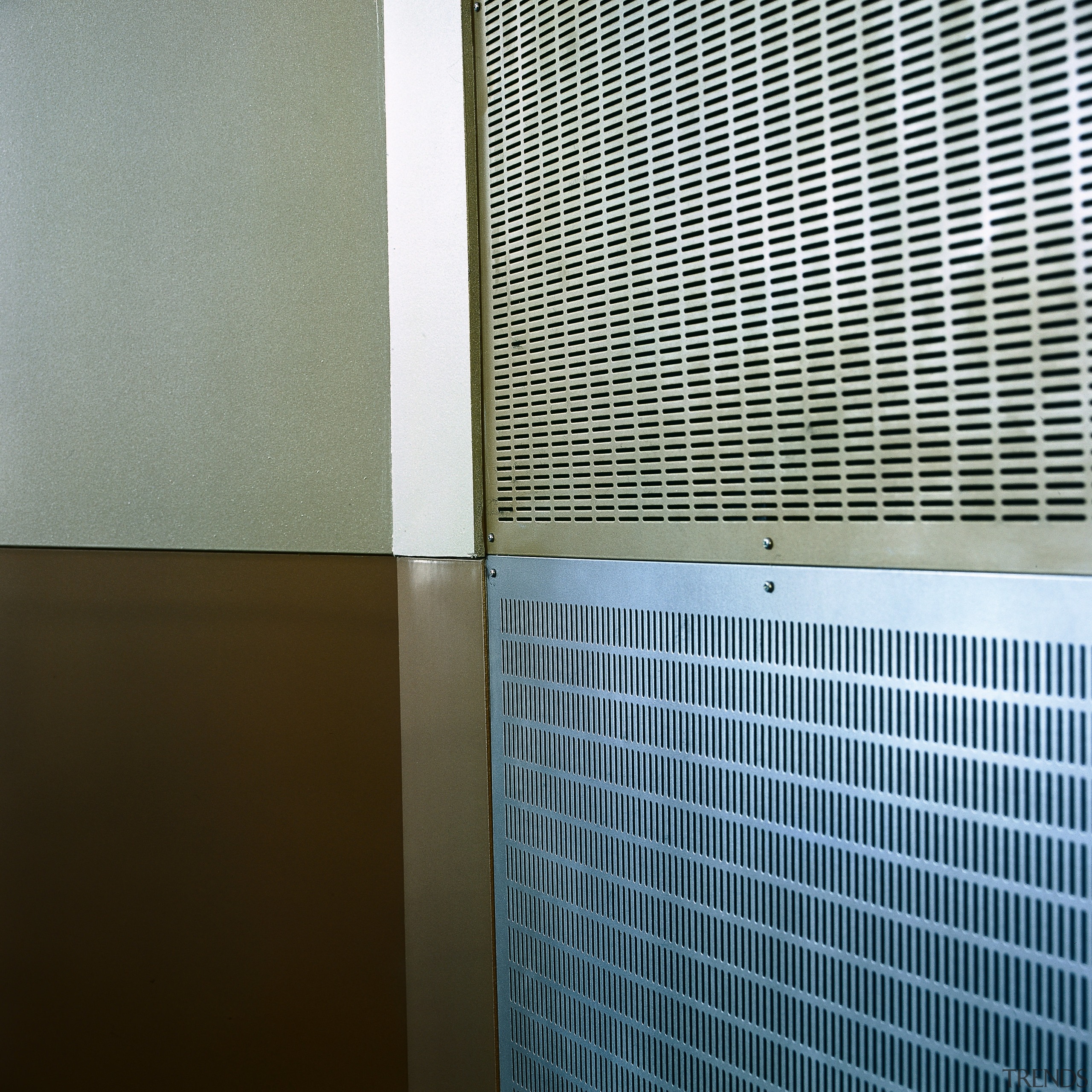 Perforated metal panels on feature wall. - Perforated daylighting, glass, line, mesh, product, wall, window, gray