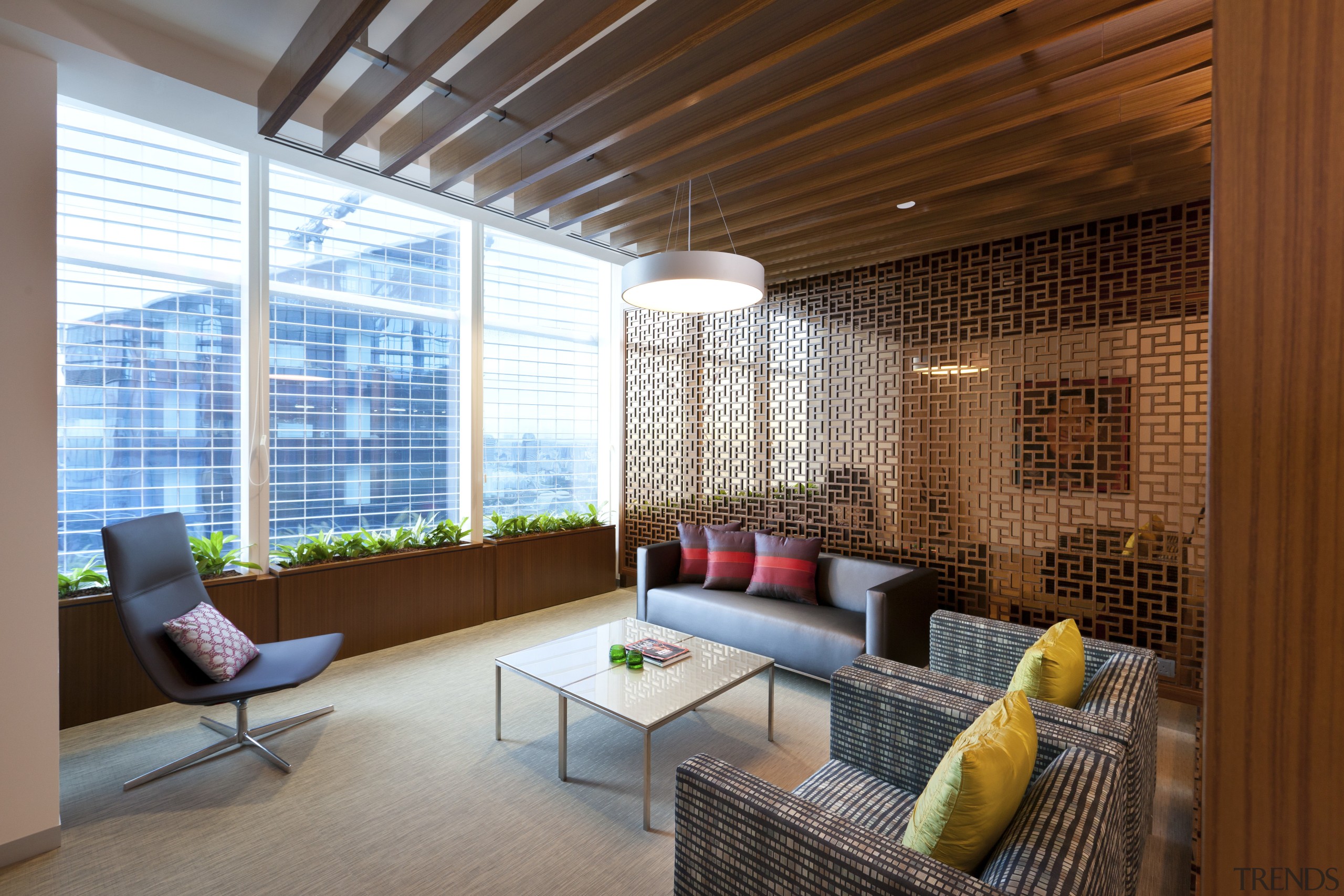 View of a contemporary corporate space with decorative apartment, architecture, ceiling, daylighting, house, interior design, living room, lobby, real estate, brown