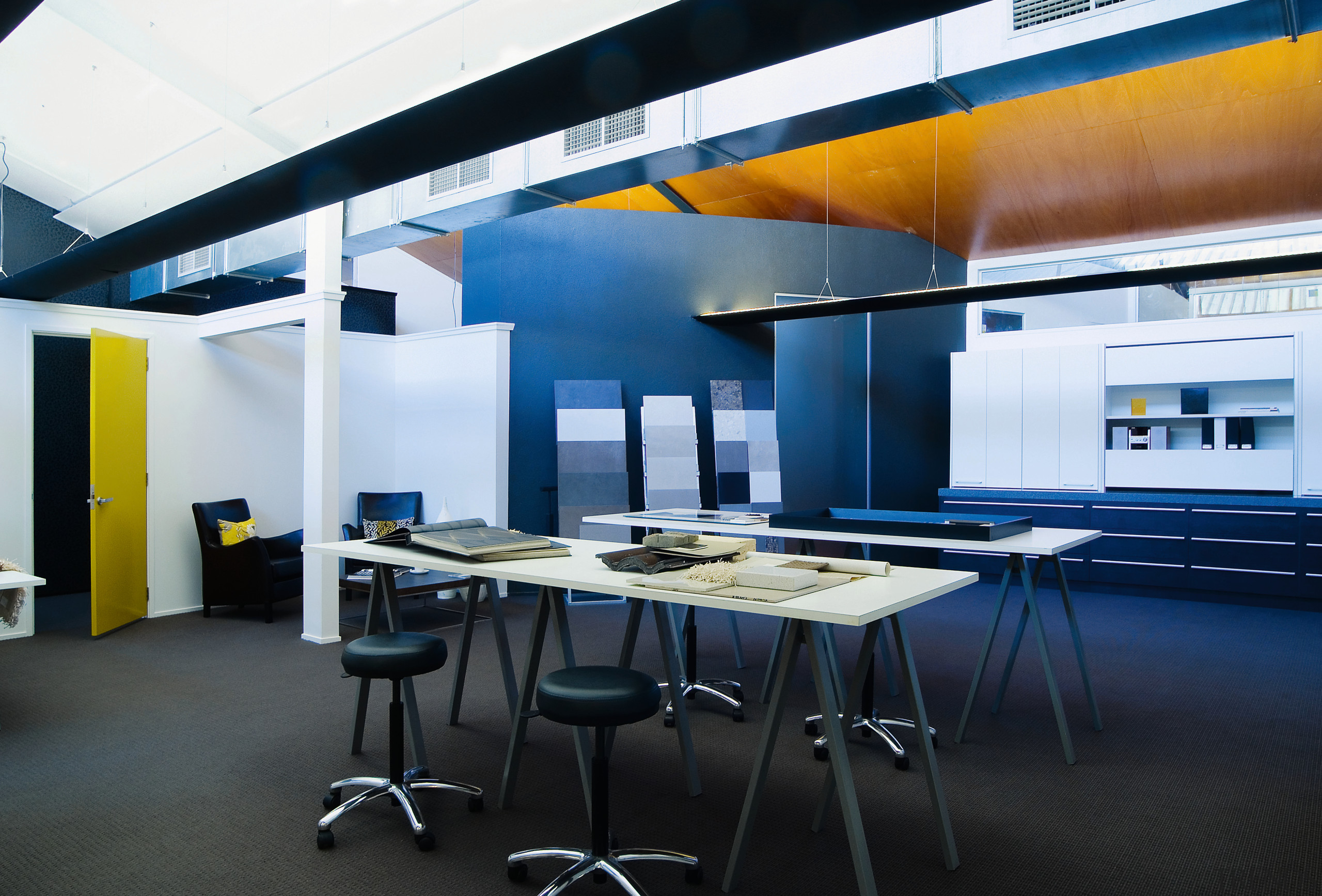 A view of some interior design by Yellowfox. architecture, ceiling, furniture, interior design, office, product design, table, black, white