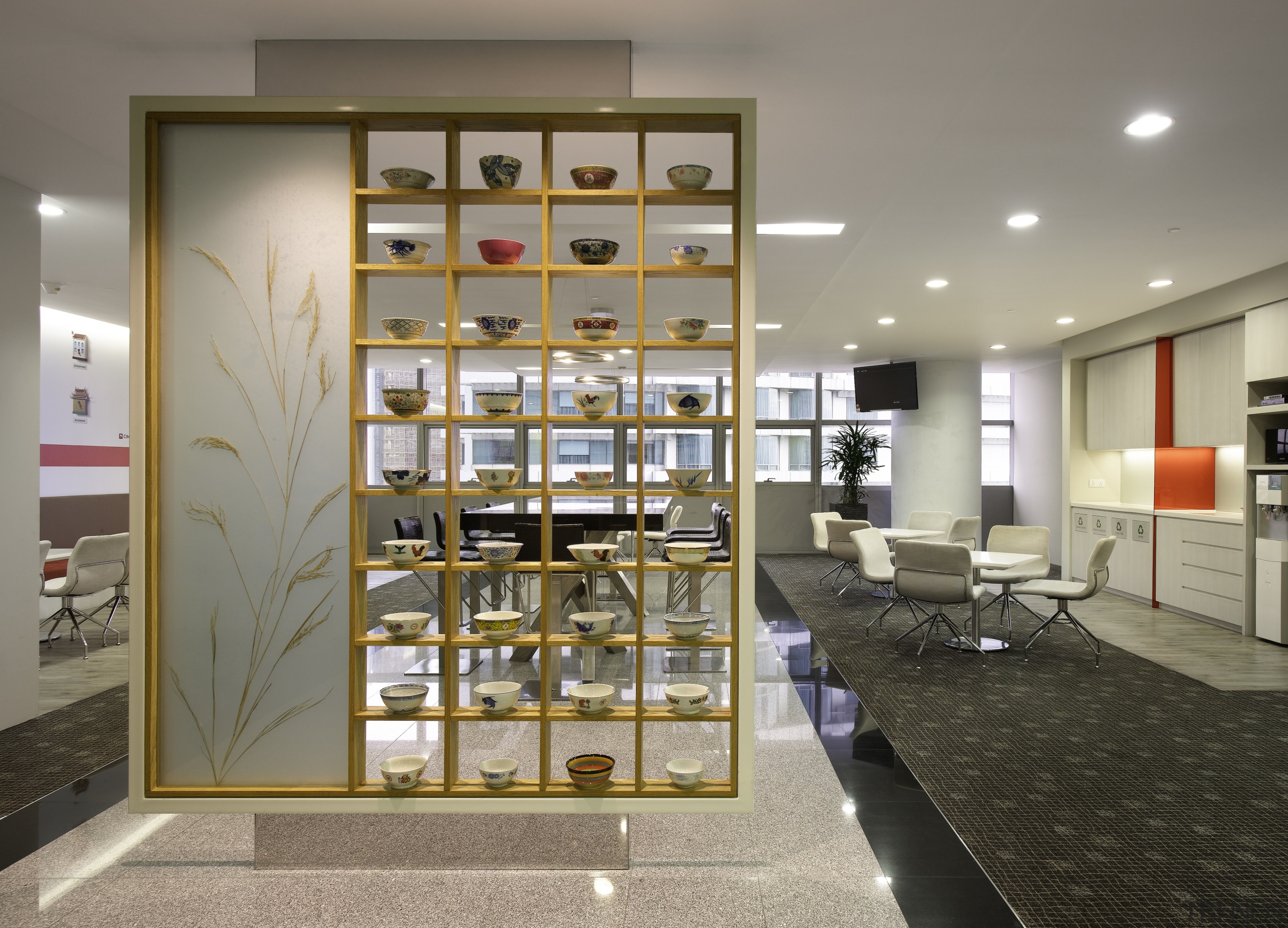 In this fit-out of the CIMB tower by interior design, shelving, gray