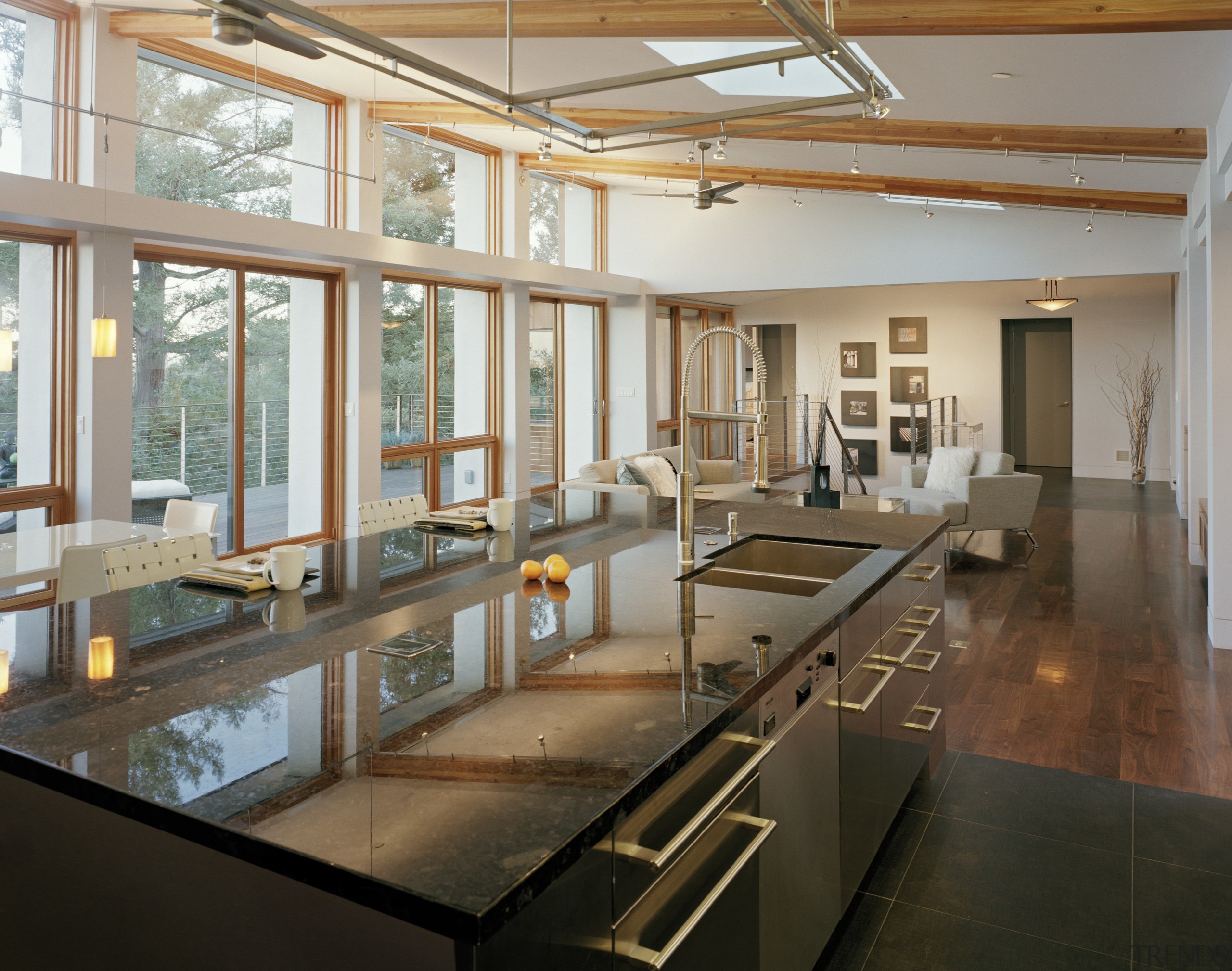 contemporary timber kitchen with granite benchtops and wooden daylighting, interior design, real estate, window, gray, brown