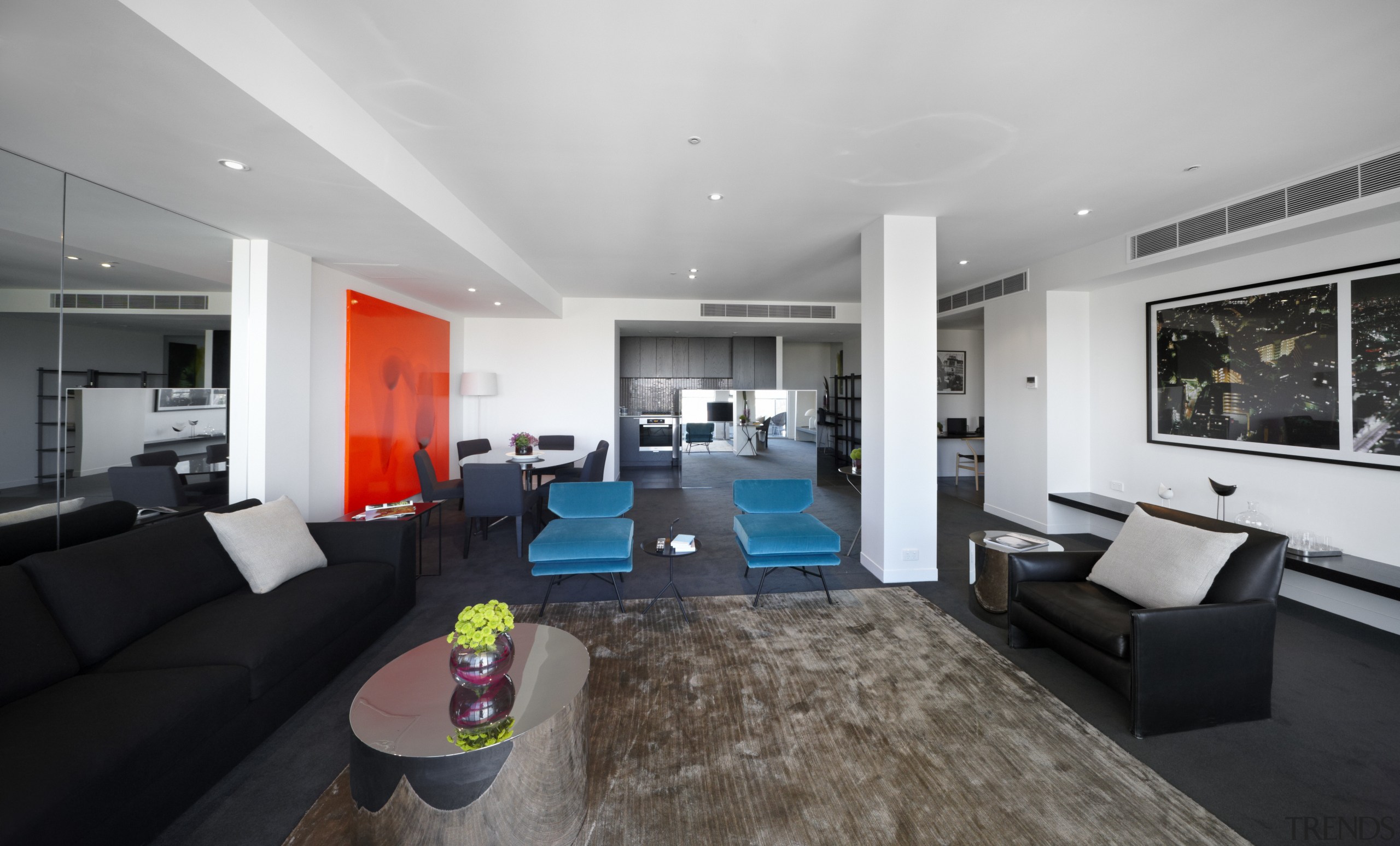 View of this contemporary apartment - View of apartment, architecture, ceiling, house, interior design, living room, property, real estate, room, gray, black