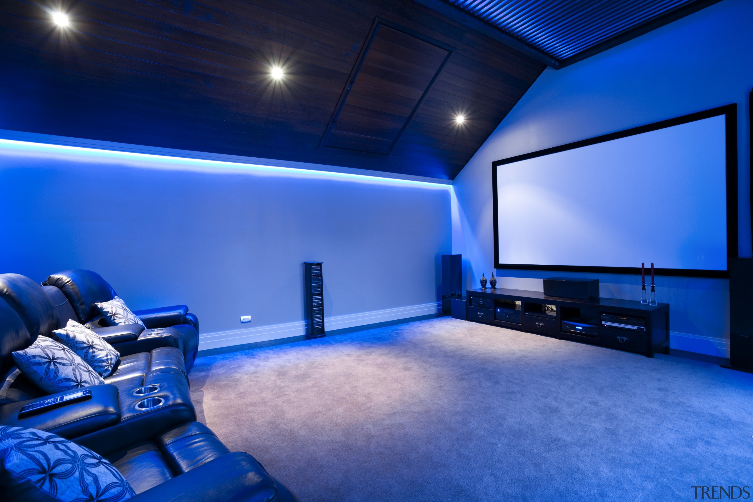 Outdoor night shot of contemporary house and pool blue, interior design, light, lighting, room, technology, blue