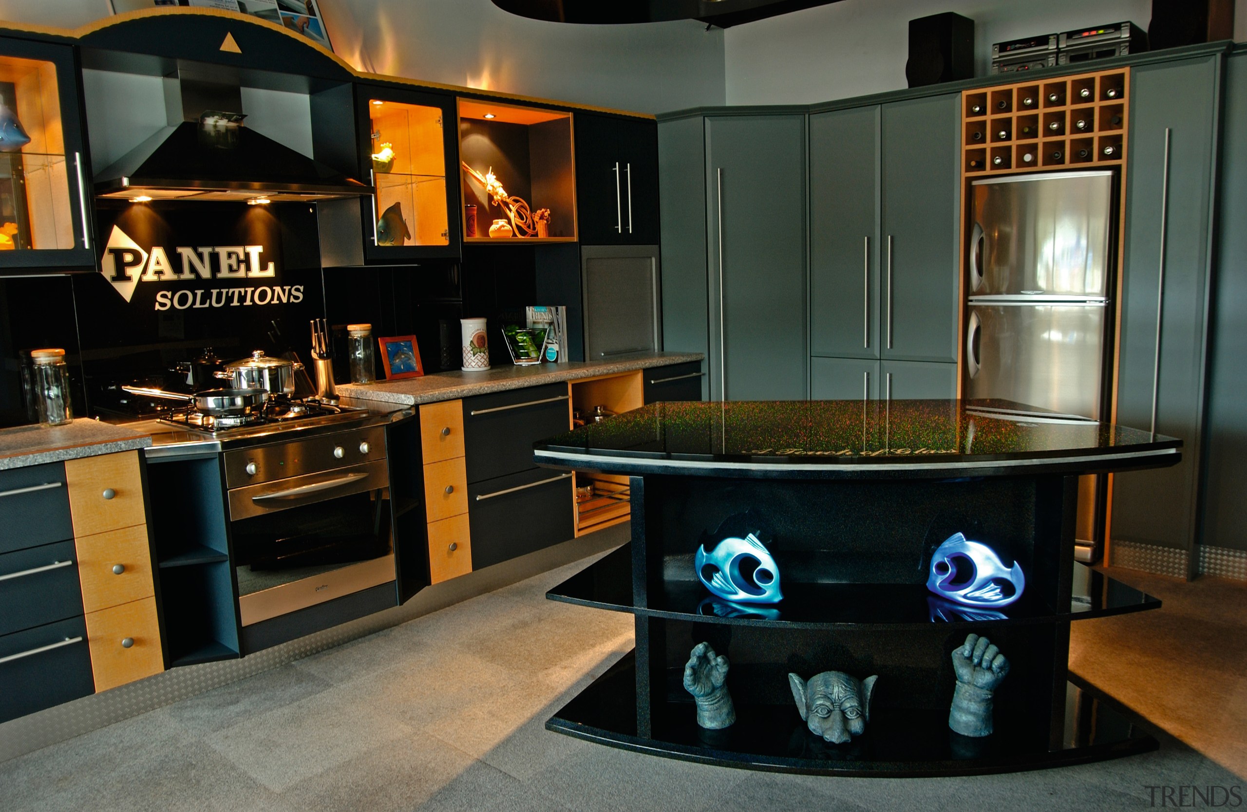 Showroom kitchen with grey benchtops, contrasting dark grey countertop, interior design, kitchen, room, table, black