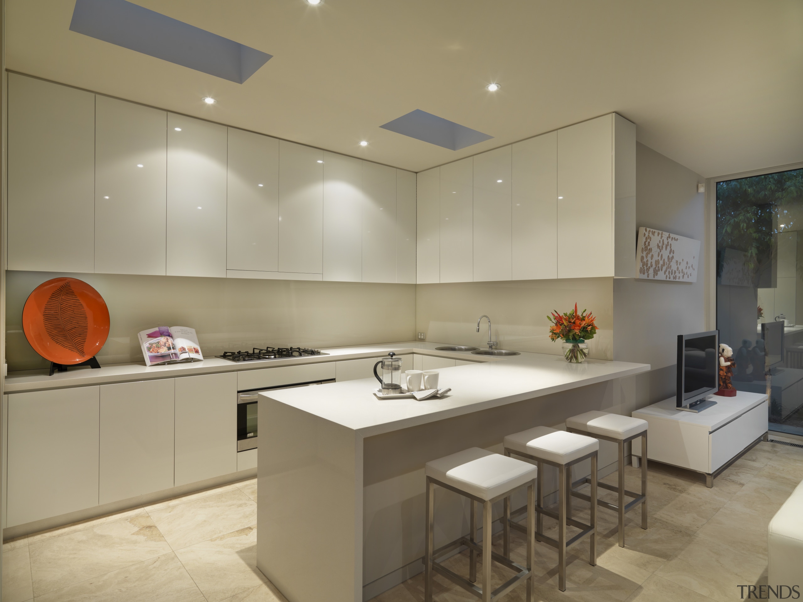 View of kitchen area featuring CaesarStone benchtops, recessed ceiling, countertop, interior design, kitchen, real estate, room, brown, orange