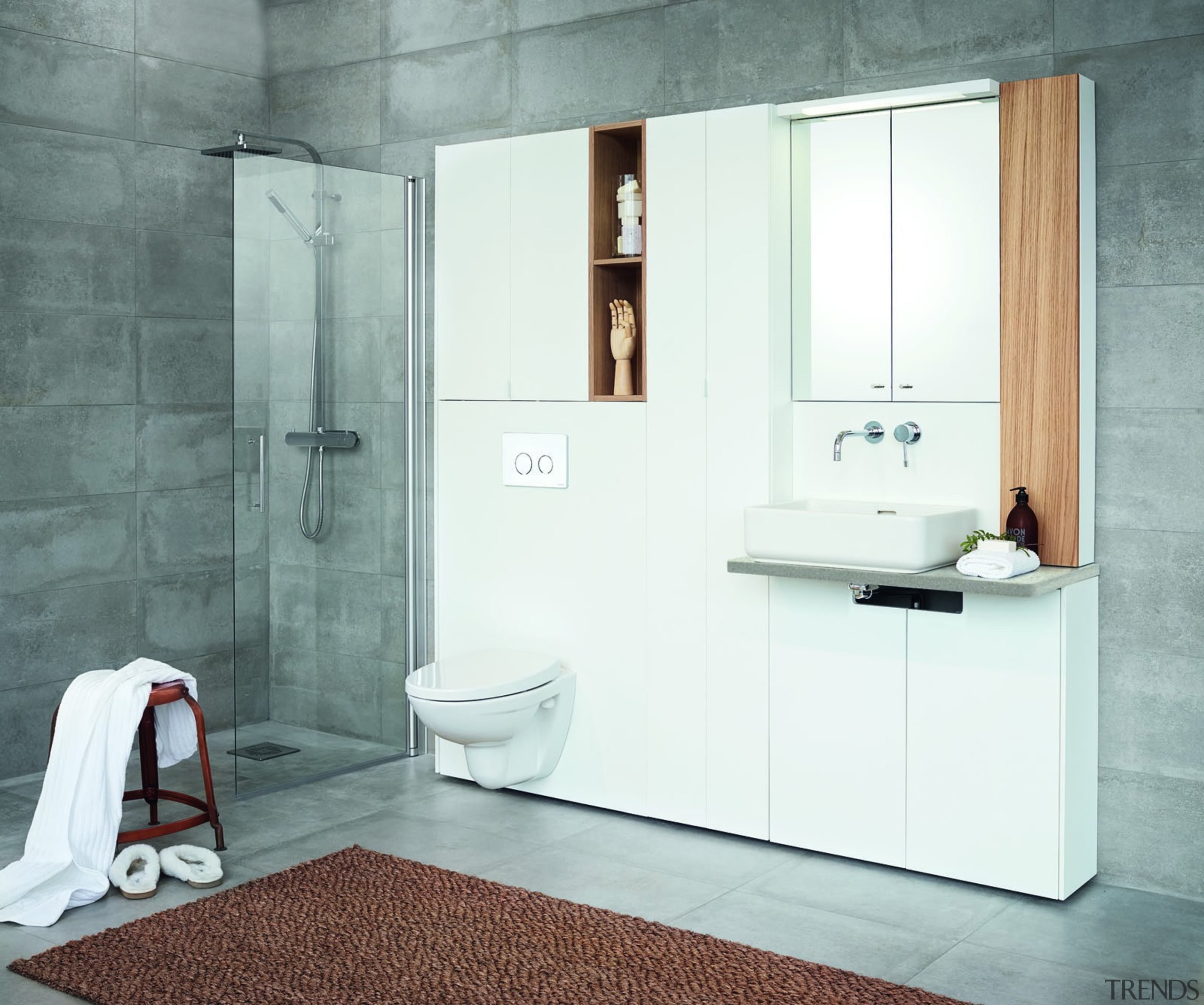 Front - Dekton Sirocco 2 - Front - bathroom, bathroom accessory, bathroom cabinet, floor, interior design, plumbing fixture, product design, room, tap, tile, white, gray