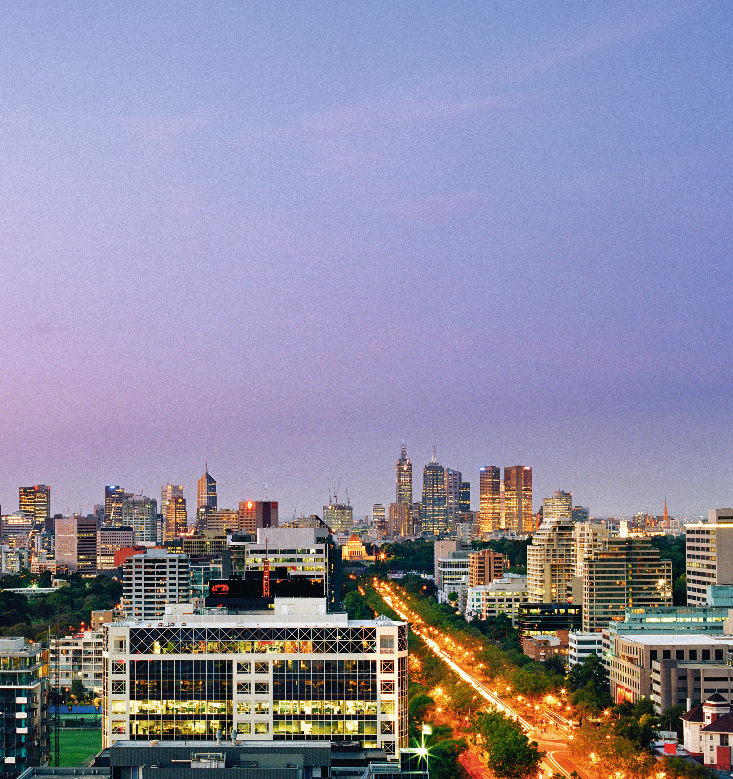 Central Melbourne's skyline showing buildings in city. bird's eye view, building, city, cityscape, condominium, dawn, daytime, downtown, dusk, evening, horizon, landmark, metropolis, metropolitan area, morning, night, residential area, sky, skyline, skyscraper, suburb, sunset, tower, tower block, town, urban area, purple, blue