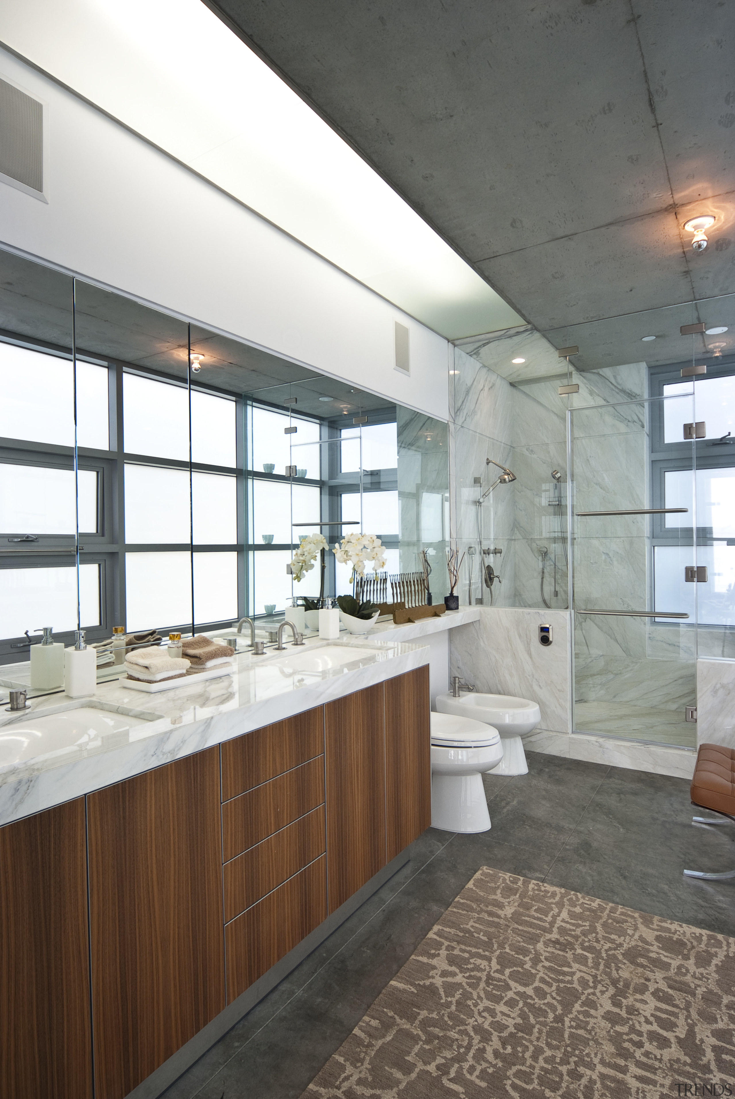 View of bathroom featuring walnut cabinetry and caesarstone bathroom, ceiling, countertop, interior design, sink, gray, white