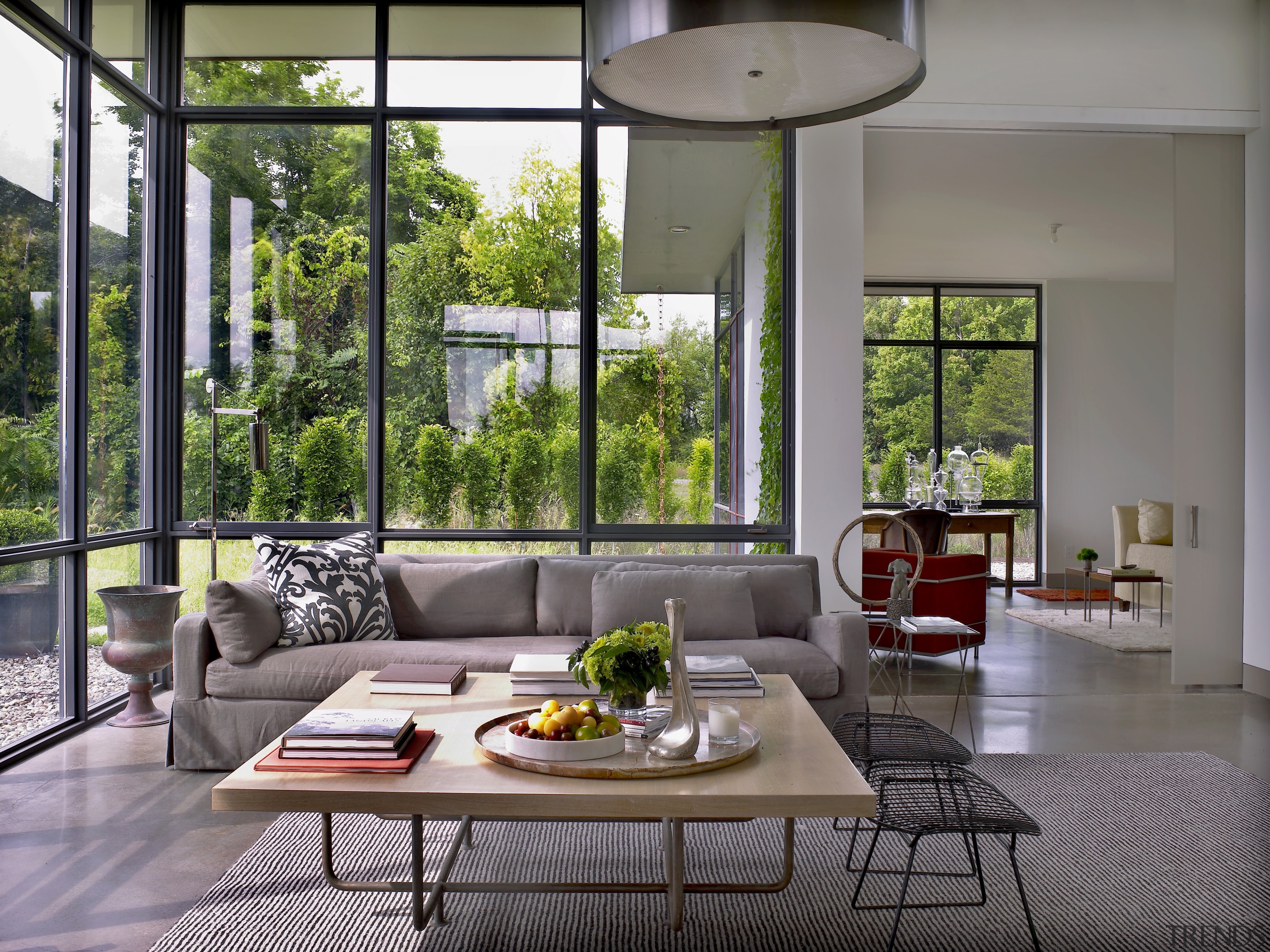 Sitting area in country house with glass walls architecture, home, house, interior design, living room, real estate, table, window, gray